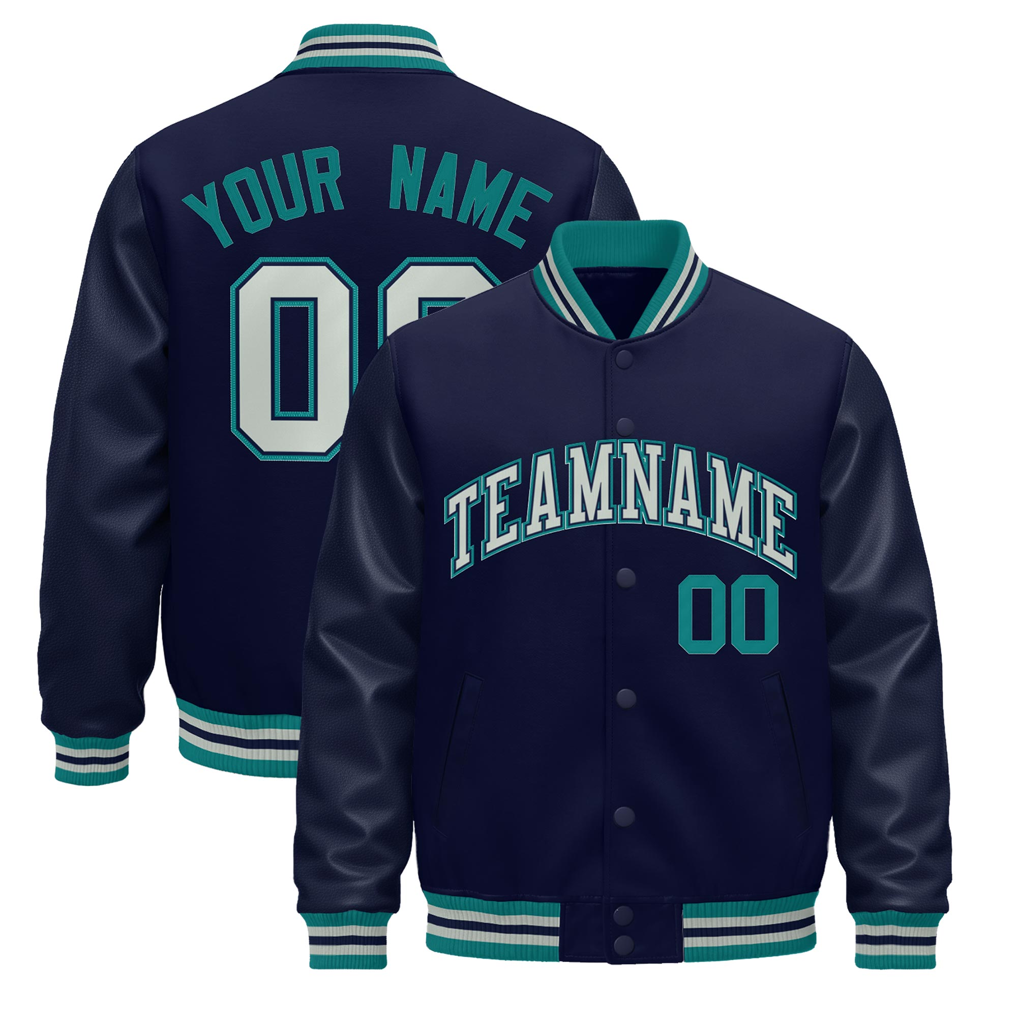 Custom Navy Teal Gray Classic Style Leather Sleeves Wrinkle-Resistant Jacket| KXKSHOP