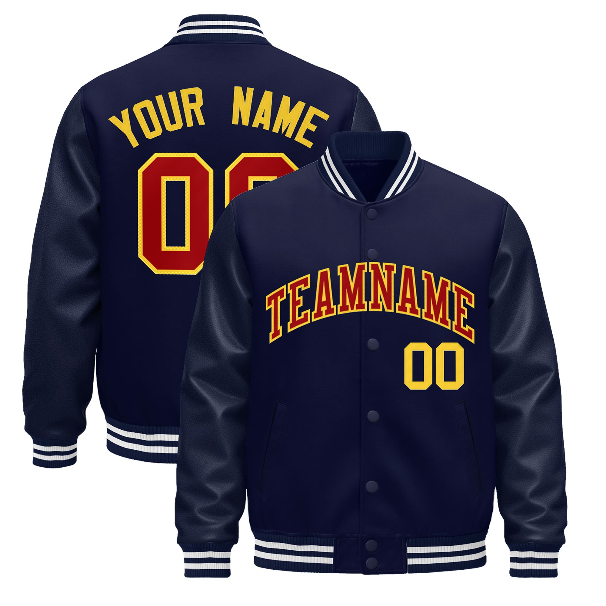 Custom Navy White Classic Style Leather Sleeves Wrinkle-Resistant Jacket| KXKSHOP