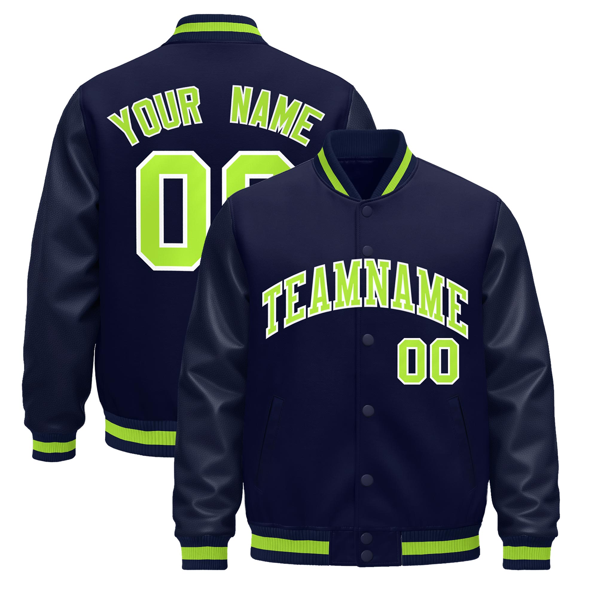 Custom Navy Neon Green Classic Style Leather Sleeves Wrinkle-Resistant Jacket| KXKSHOP