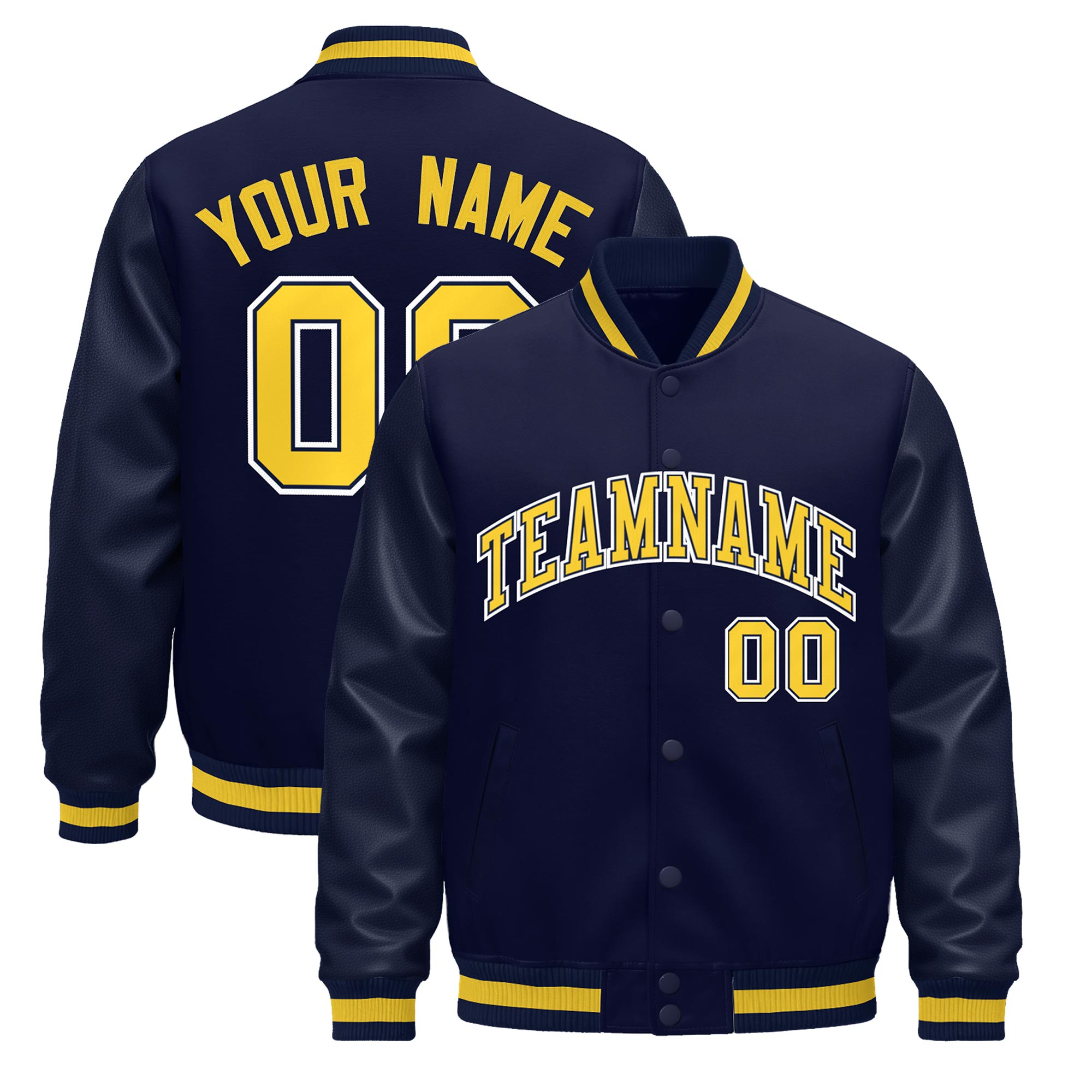 Custom Navy Gold Classic Style Leather Sleeves Wrinkle-Resistant Jacket| KXKSHOP