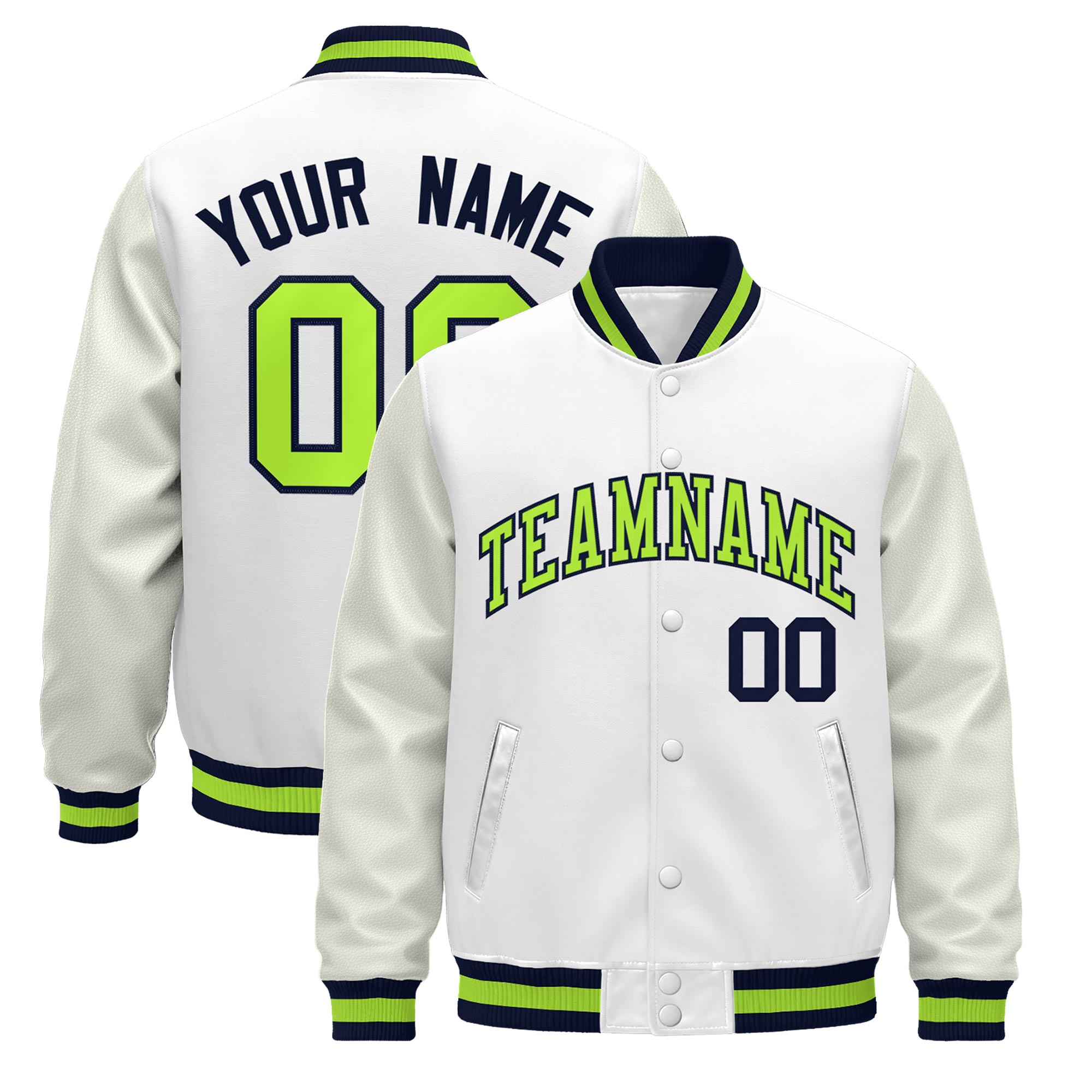 Custom White Navy Neon Green Classic Style Leather Sleeves Wrinkle-Resistant Jacket| KXKSHOP