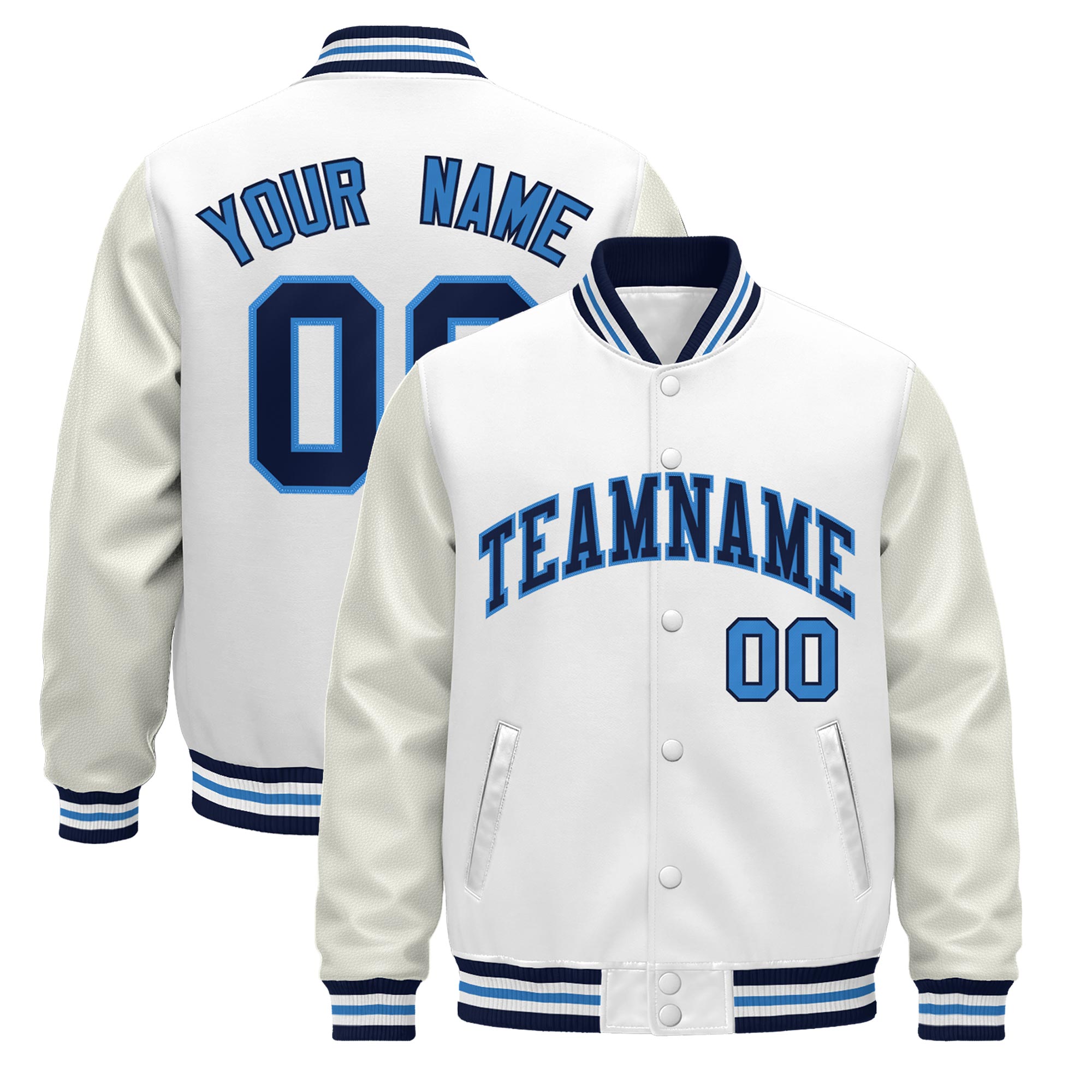 Custom White Navy Powder Blue Classic Style Leather Sleeves Wrinkle-Resistant Jacket| KXKSHOP