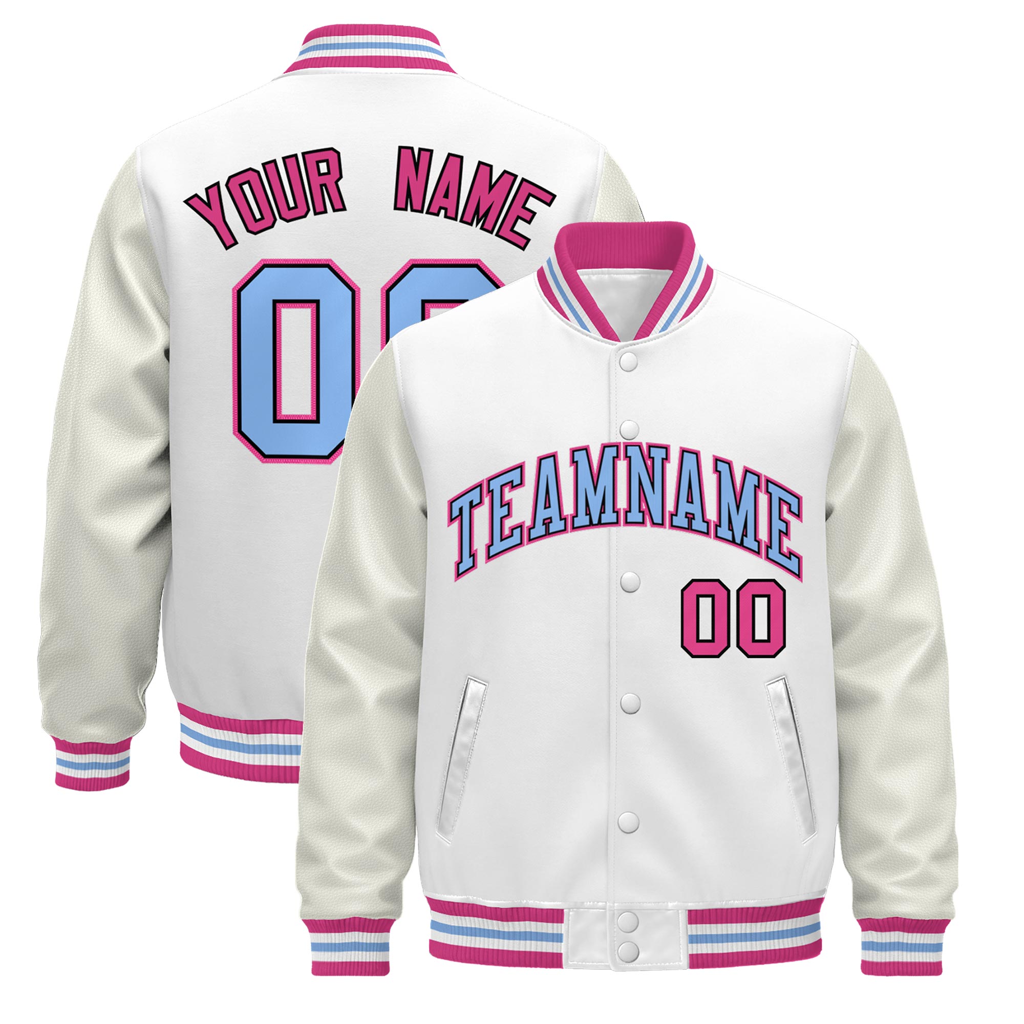 Custom White Pink Light Blue Classic Style Leather Sleeves Wrinkle-Resistant Jacket| KXKSHOP