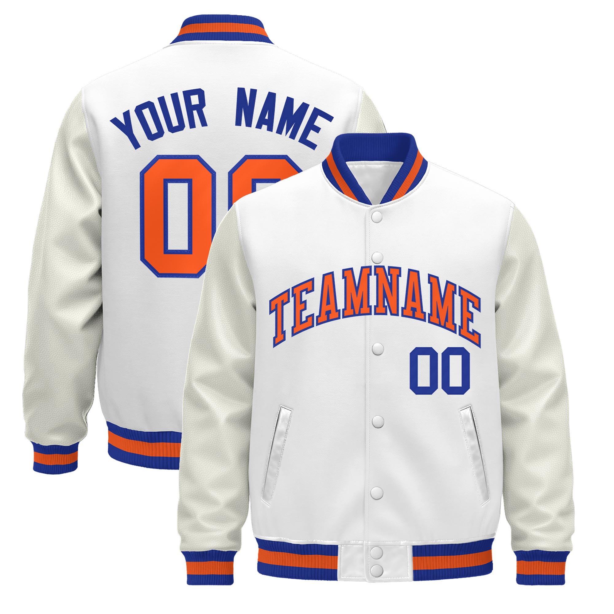 Custom White Royal Blue Orange Classic Style Leather Sleeves Wrinkle-Resistant Jacket| KXKSHOP