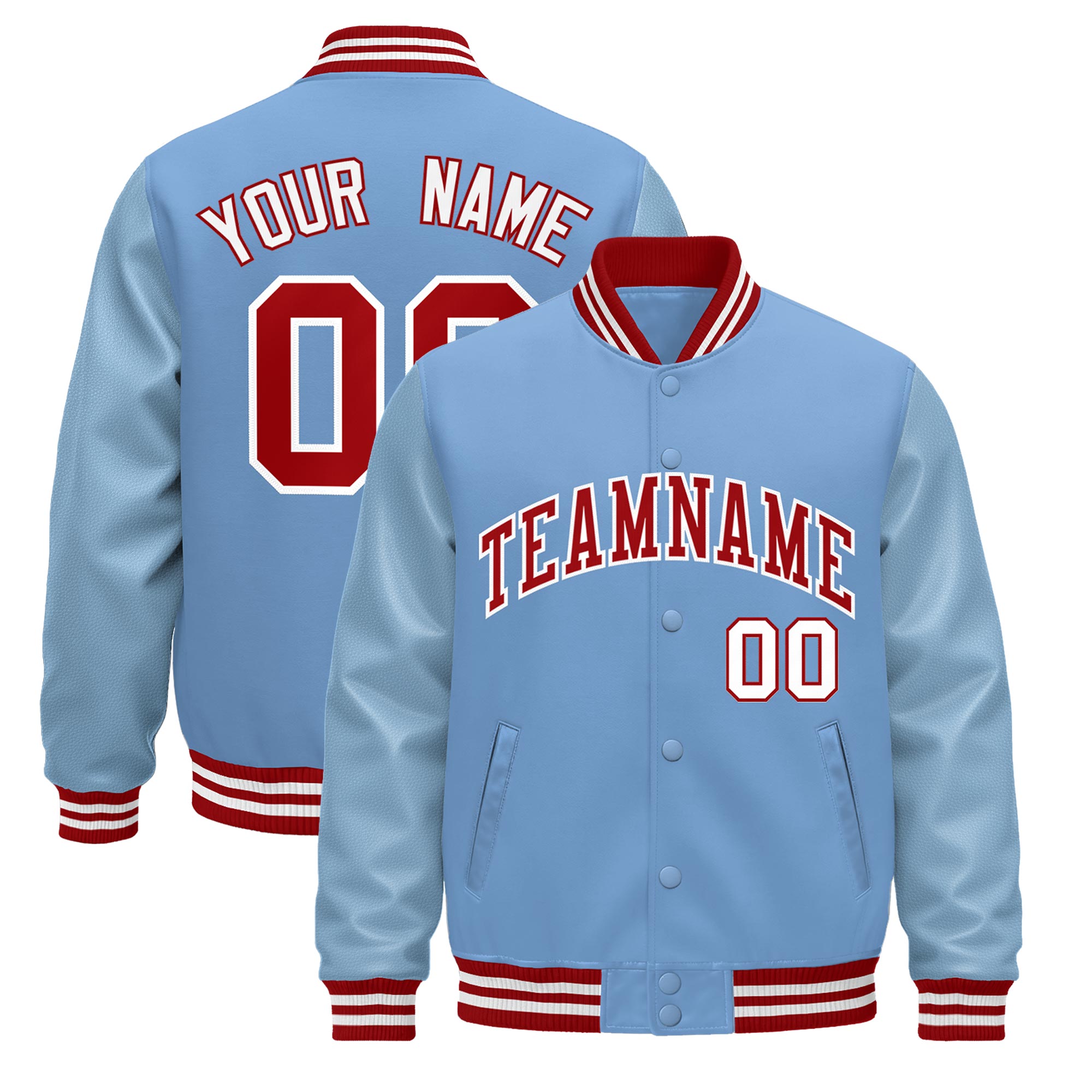 Custom Powder Blue Red White Classic Style Leather Sleeves Wrinkle-Resistant Jacket| KXKSHOP