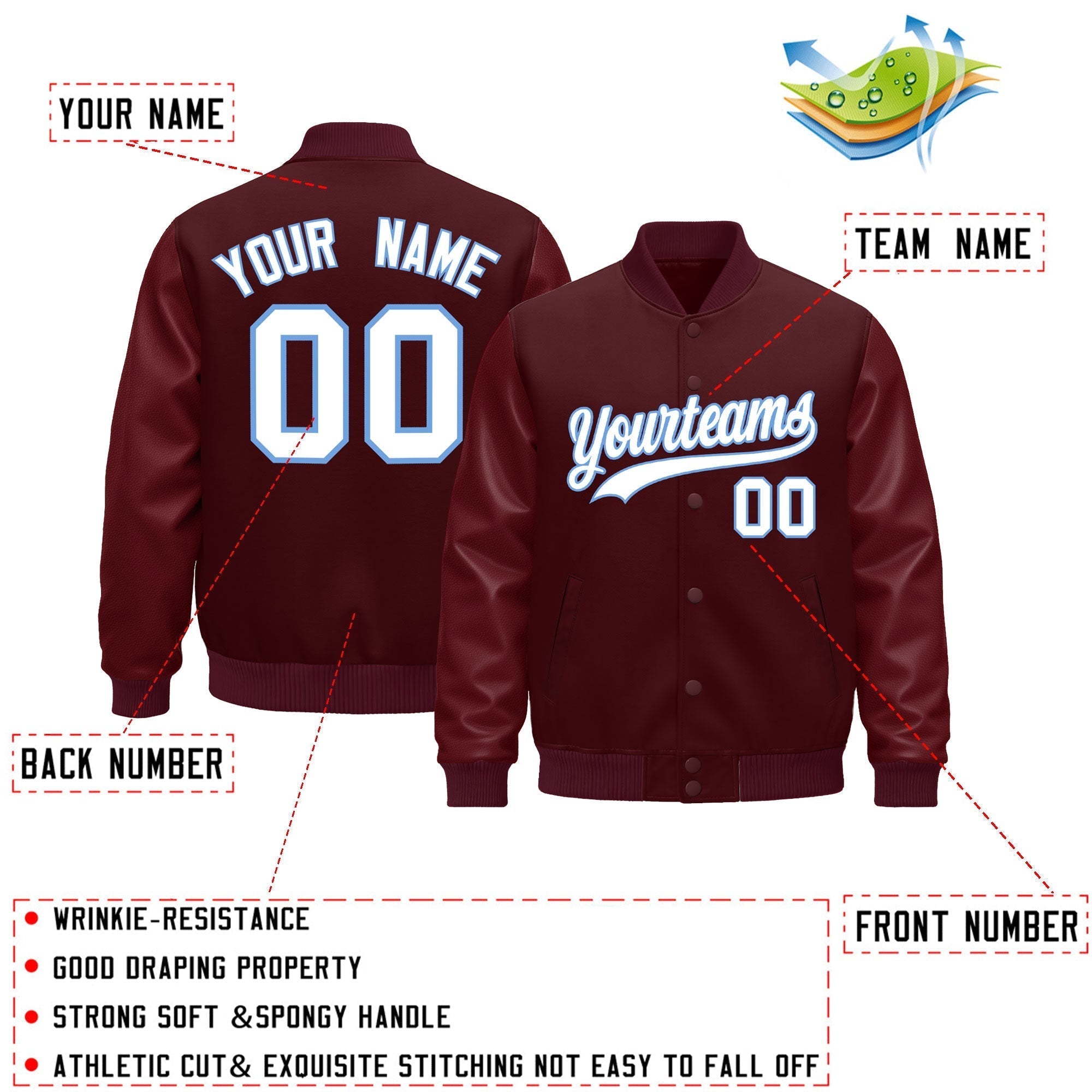 Custom Burgundy Light Blue Classic Style Leather Sleeves Wrinkle-Resistant Jacket| KXKSHOP