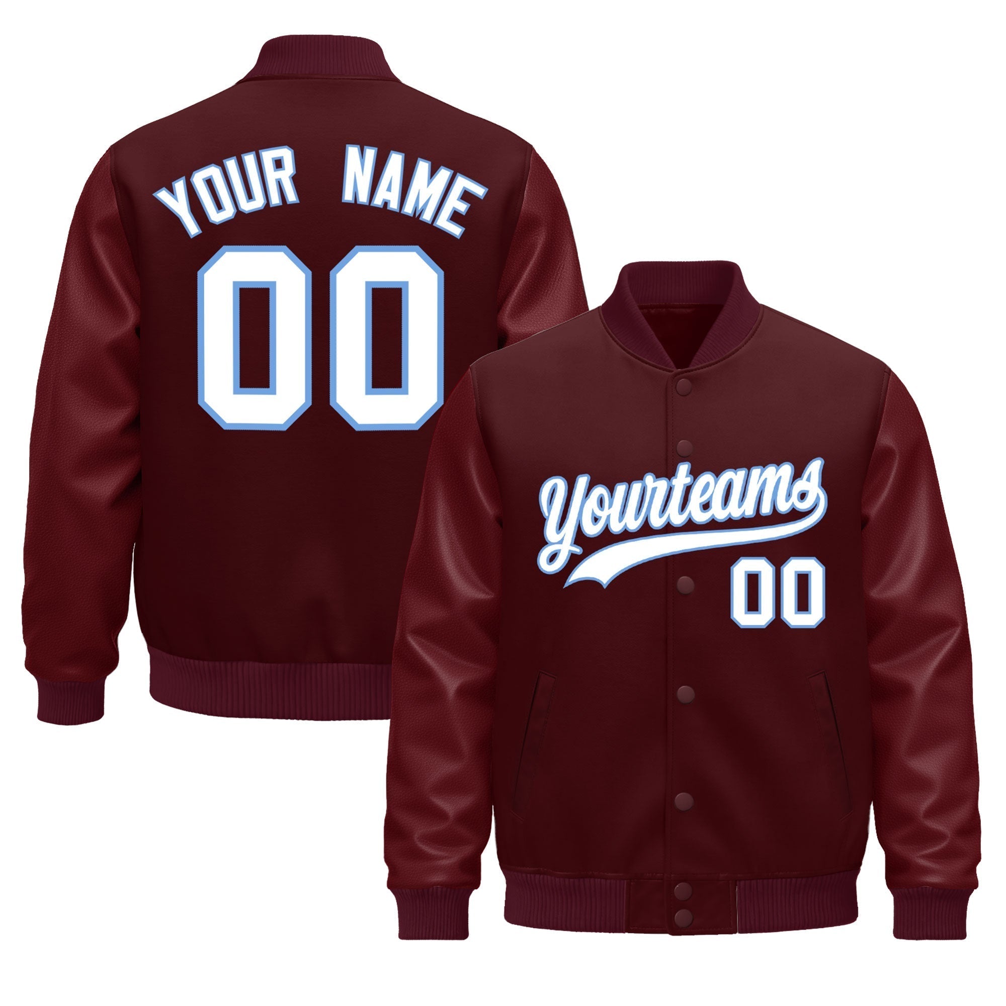 Custom Burgundy Light Blue Classic Style Leather Sleeves Wrinkle-Resistant Jacket| KXKSHOP