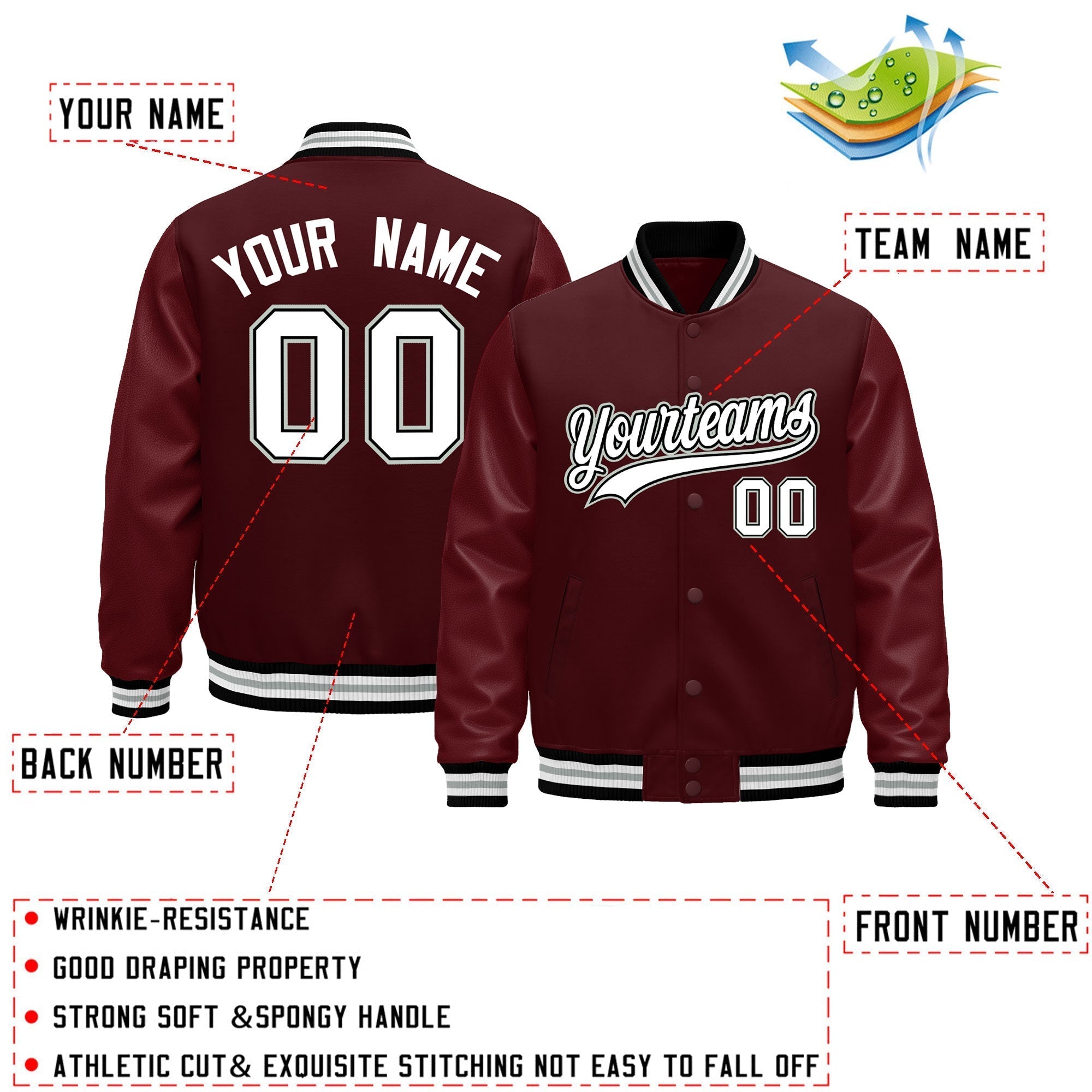 Custom Burgundy White Classic Style Leather Sleeves Wrinkle-Resistant Jacket| KXKSHOP