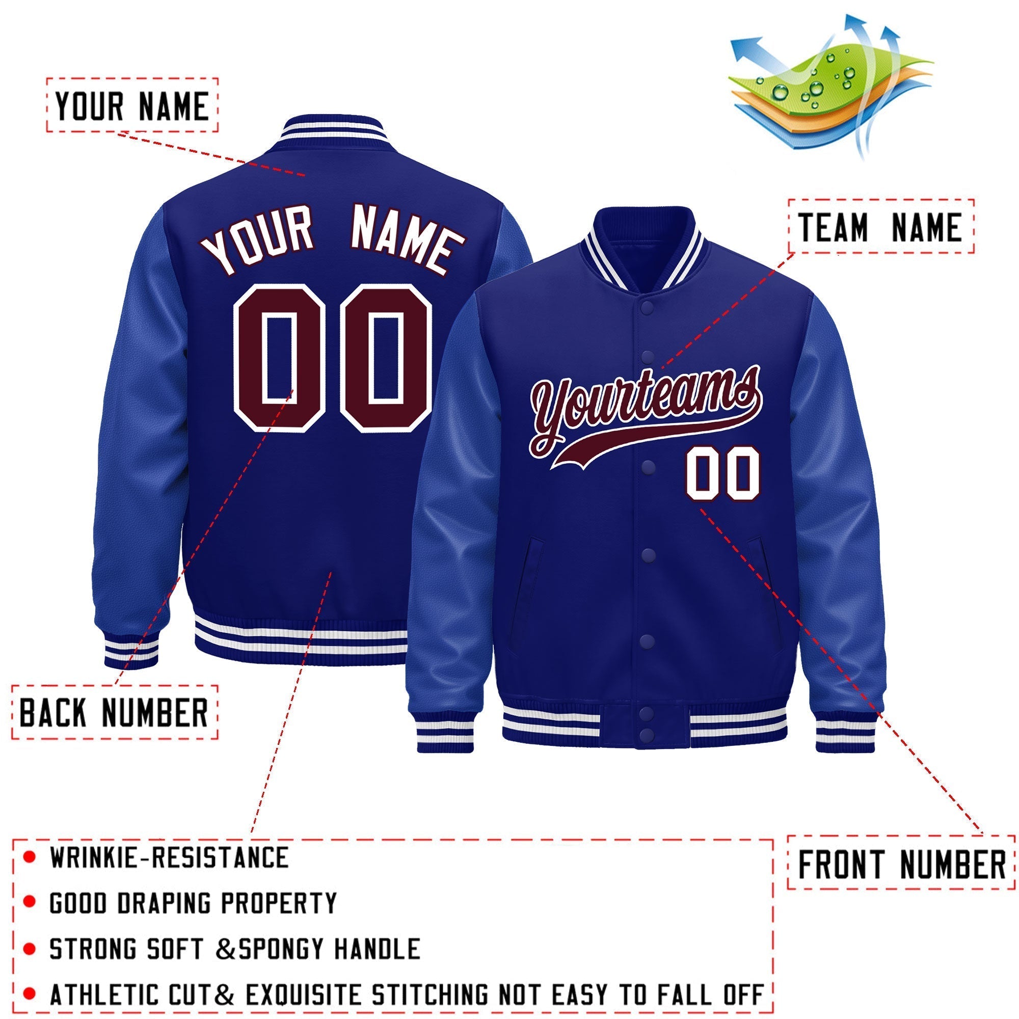 Custom Royal Blue White Classic Style Leather Sleeves Wrinkle-Resistant Jacket| KXKSHOP