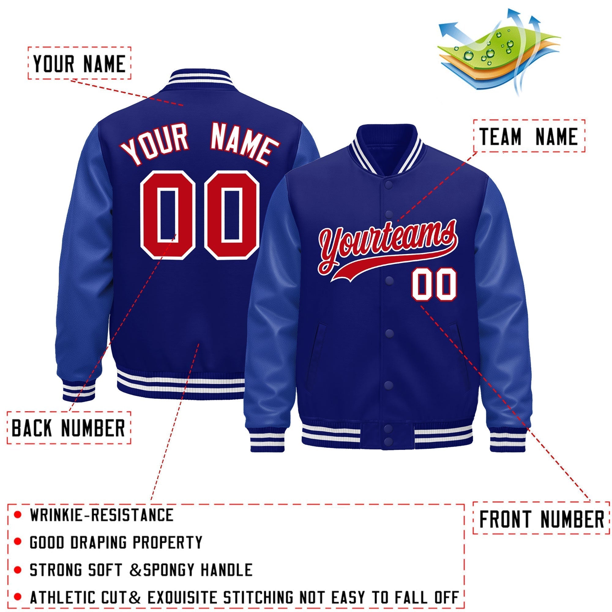 Custom Royal Blue White Classic Style Leather Sleeves Wrinkle-Resistant Jacket| KXKSHOP