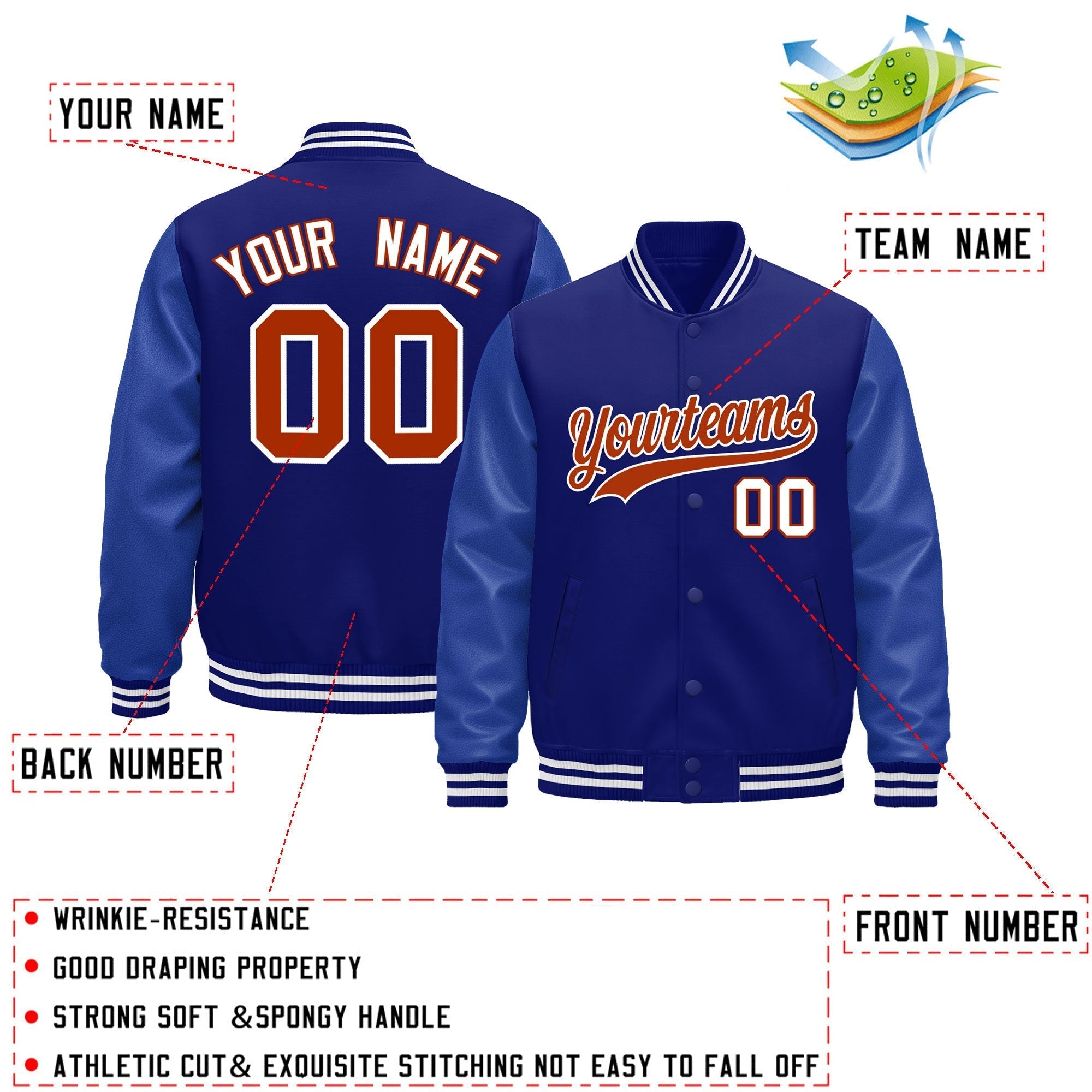 Custom Royal Blue White Classic Style Leather Sleeves Wrinkle-Resistant Jacket| KXKSHOP