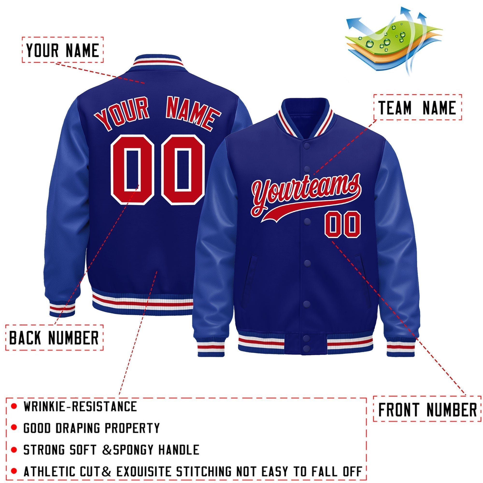 Custom Royal Blue red Classic Style Leather Sleeves Wrinkle-Resistant Jacket| KXKSHOP