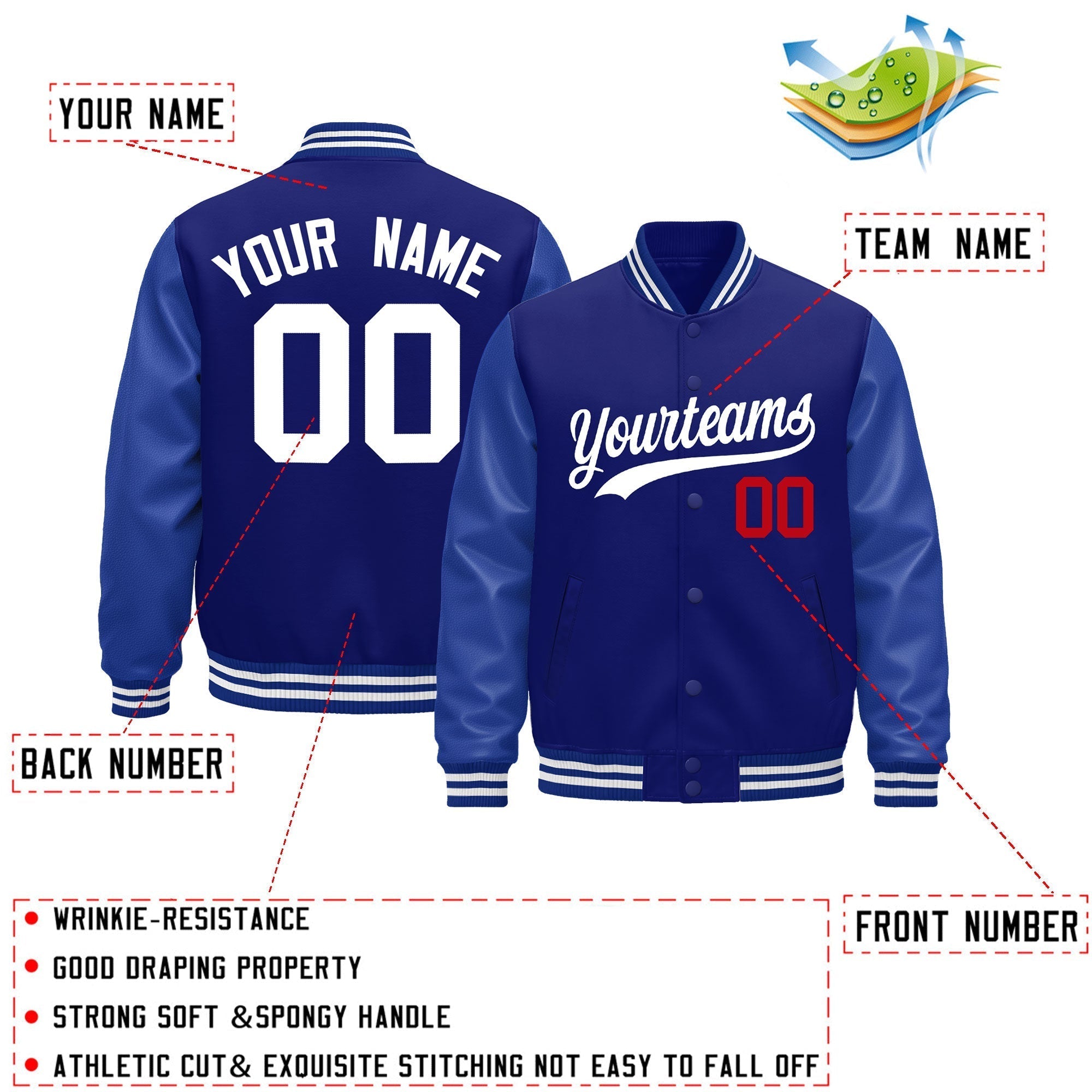 Custom Royal Blue White Classic Style Leather Sleeves Wrinkle-Resistant Jacket| KXKSHOP