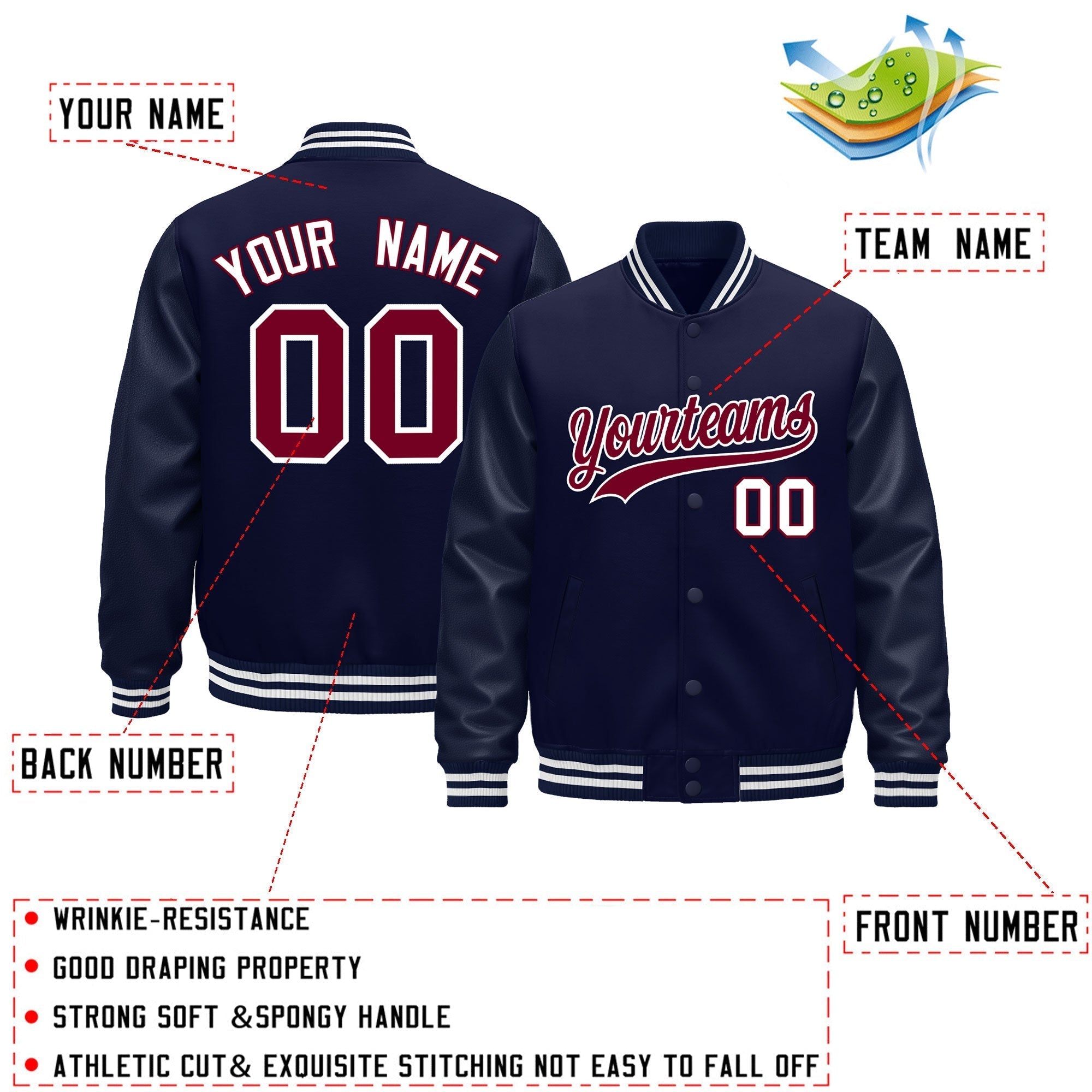 Custom Navy White Classic Style Leather Sleeves Wrinkle-Resistant Jacket| KXKSHOP