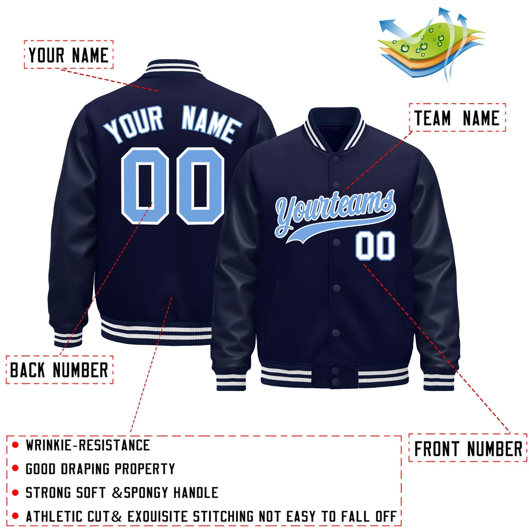 Custom Navy White Classic Style Leather Sleeves Wrinkle-Resistant Jacket| KXKSHOP