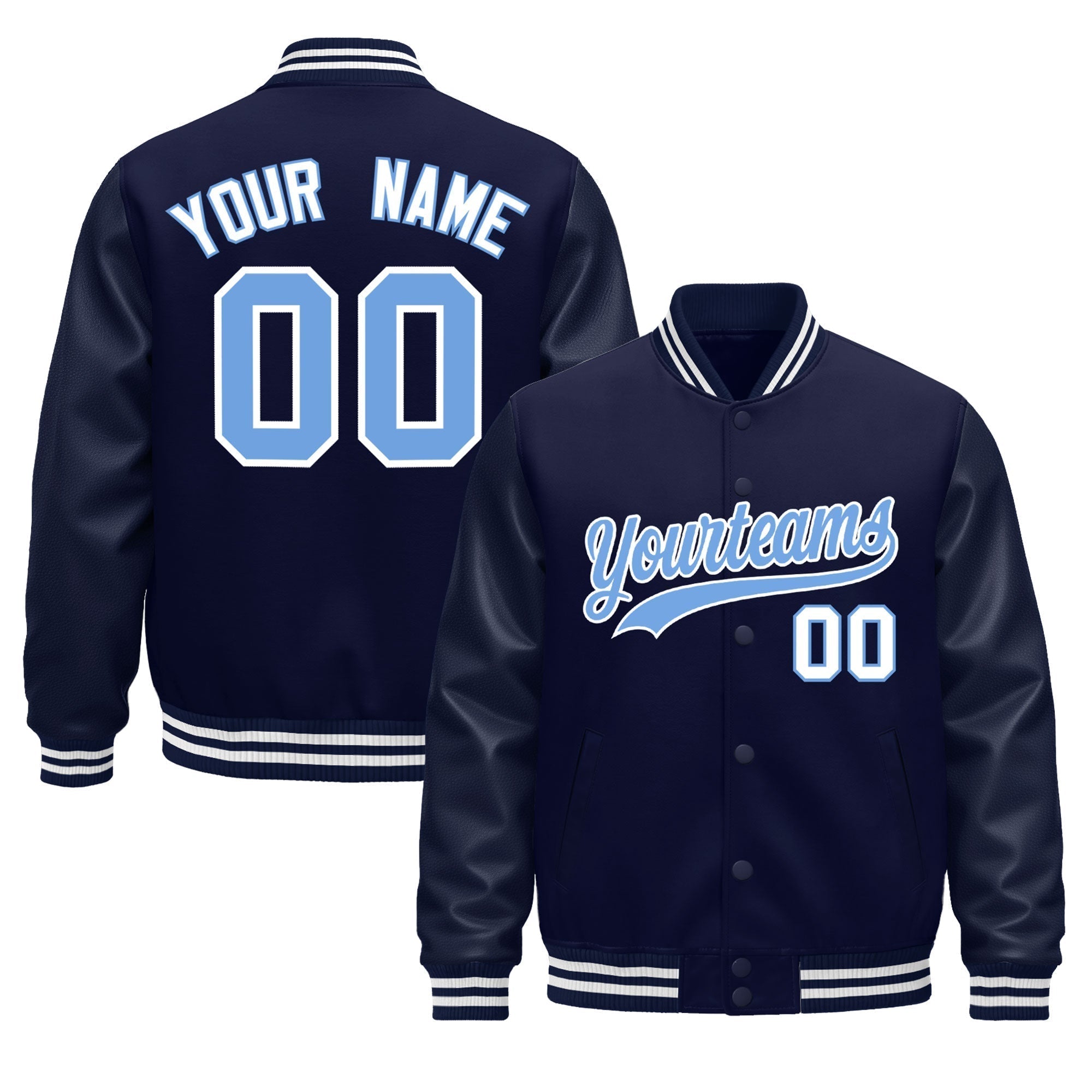 Custom Navy White Classic Style Leather Sleeves Wrinkle-Resistant Jacket| KXKSHOP
