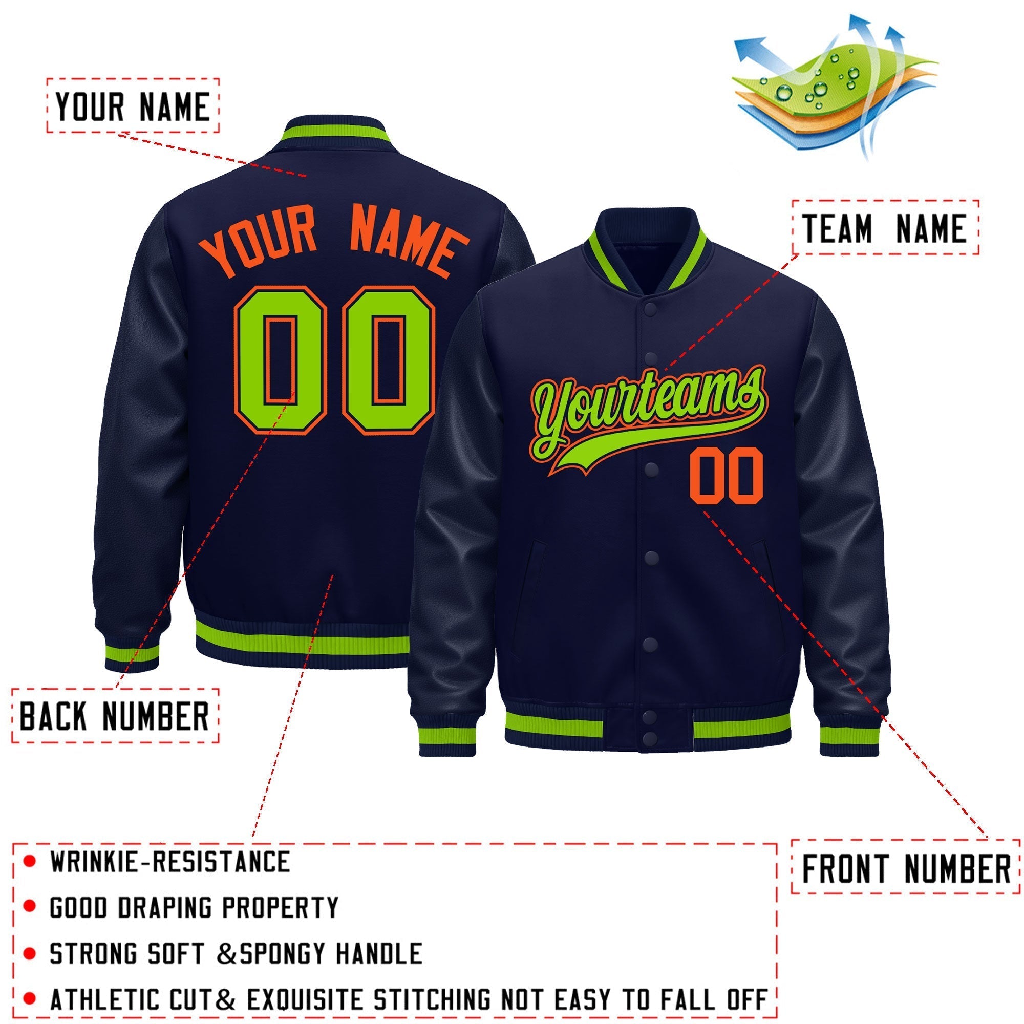 Custom Navy Orange Classic Style Leather Sleeves Wrinkle-Resistant Jacket| KXKSHOP