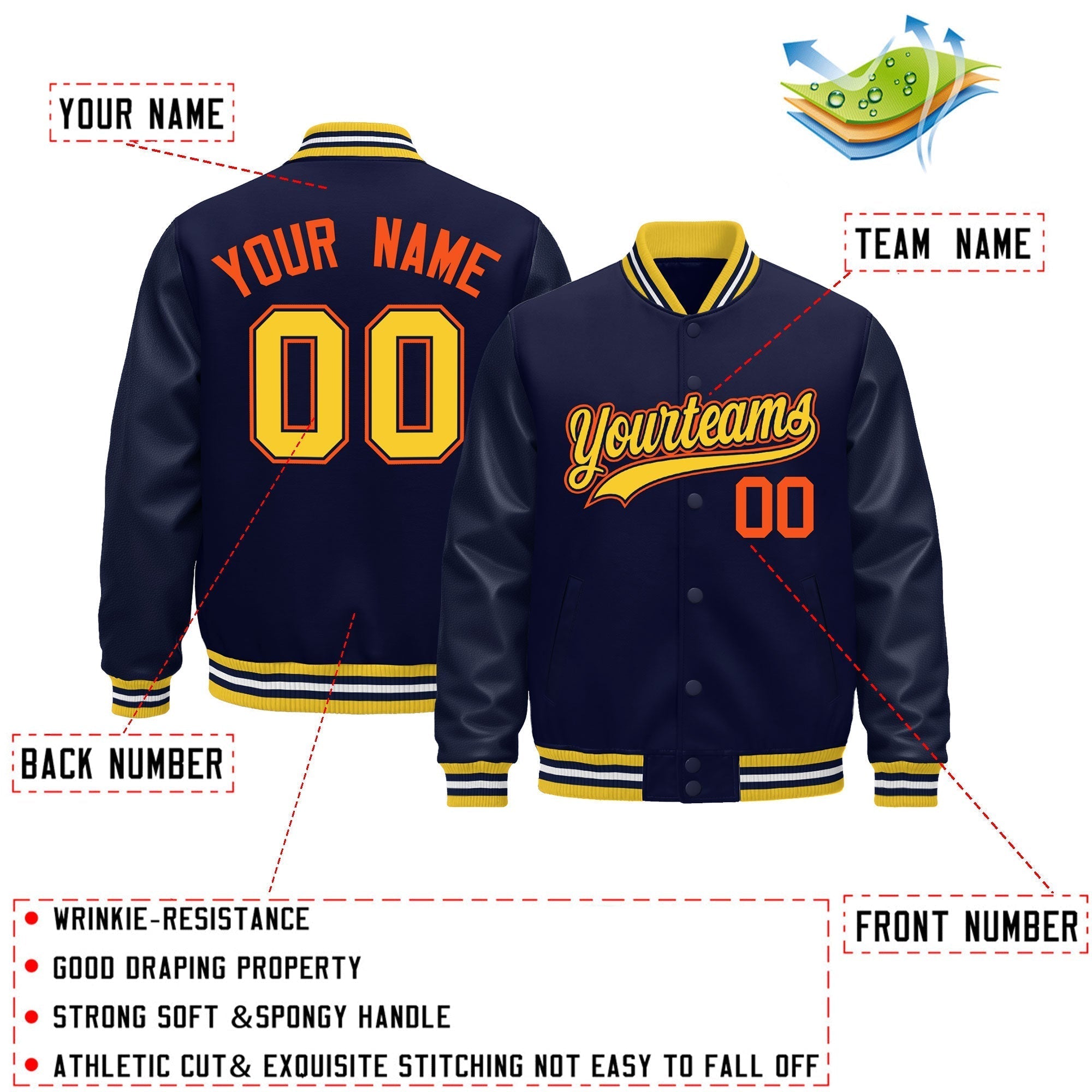 Custom Navy yellow Classic Style Leather Sleeves Wrinkle-Resistant Jacket| KXKSHOP