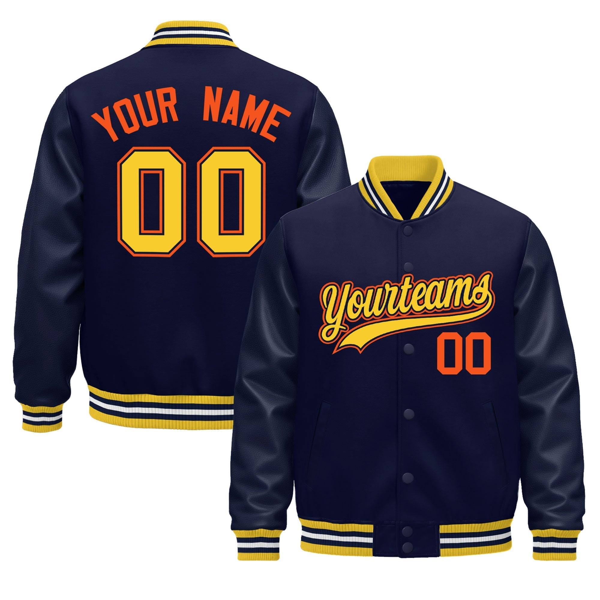 Custom Navy yellow Classic Style Leather Sleeves Wrinkle-Resistant Jacket| KXKSHOP