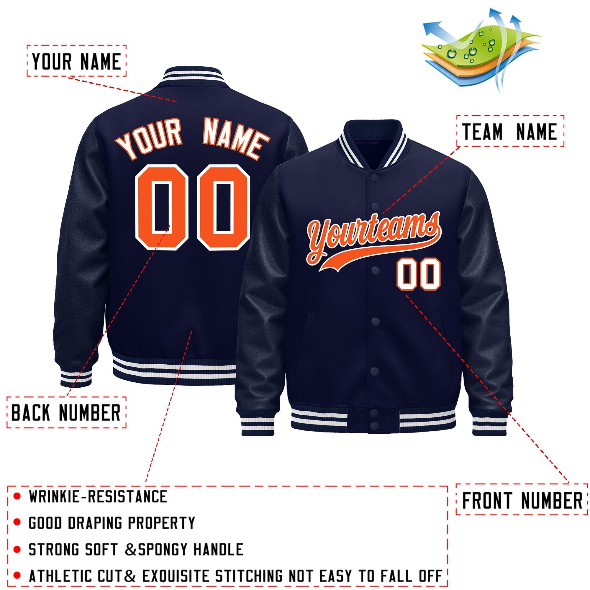 Custom Navy Orange Classic Style Leather Sleeves Wrinkle-Resistant Jacket| KXKSHOP