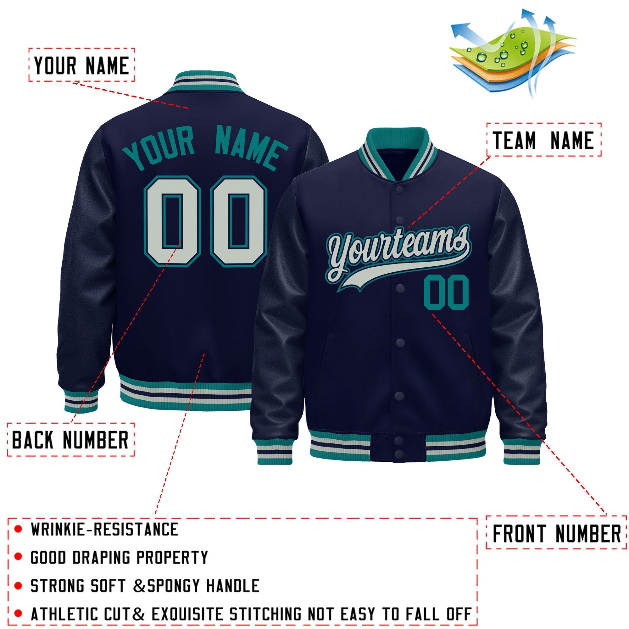 Custom Navy Teal Gray Classic Style Leather Sleeves Wrinkle-Resistant Jacket| KXKSHOP