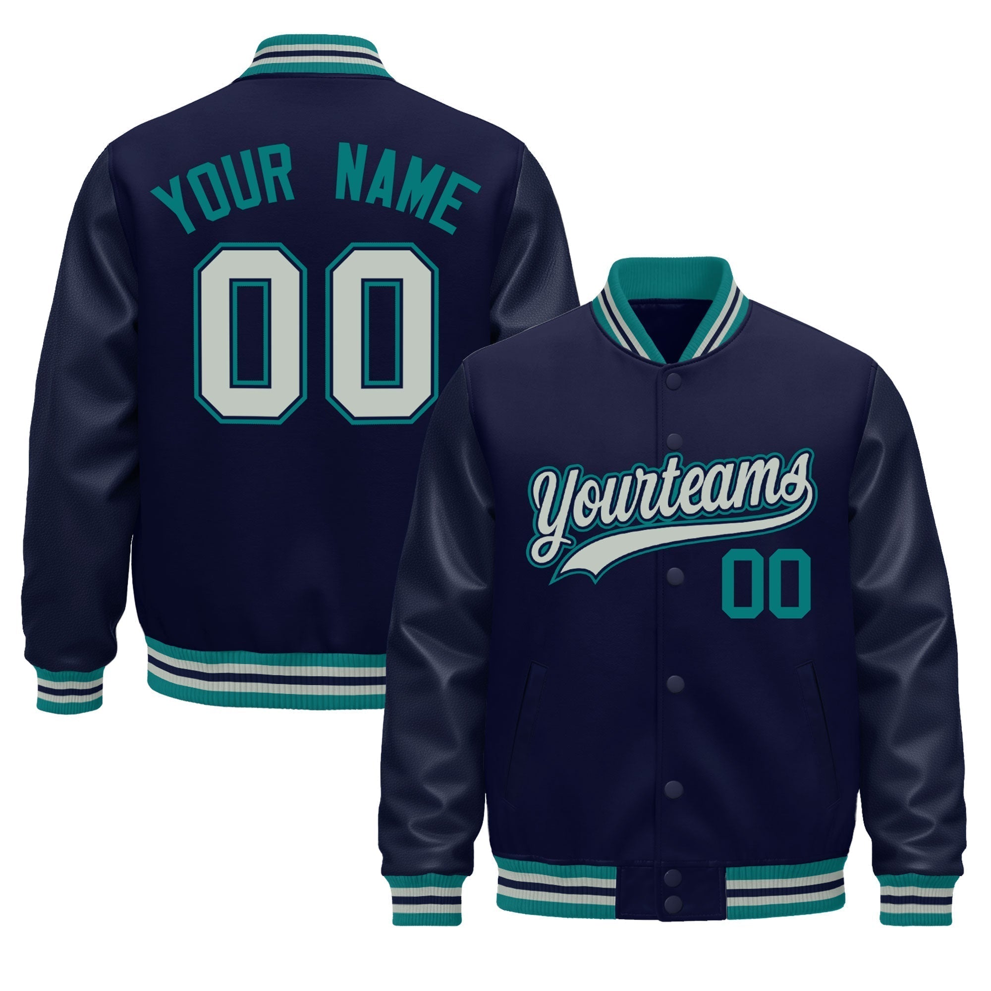 Custom Navy Teal Gray Classic Style Leather Sleeves Wrinkle-Resistant Jacket| KXKSHOP