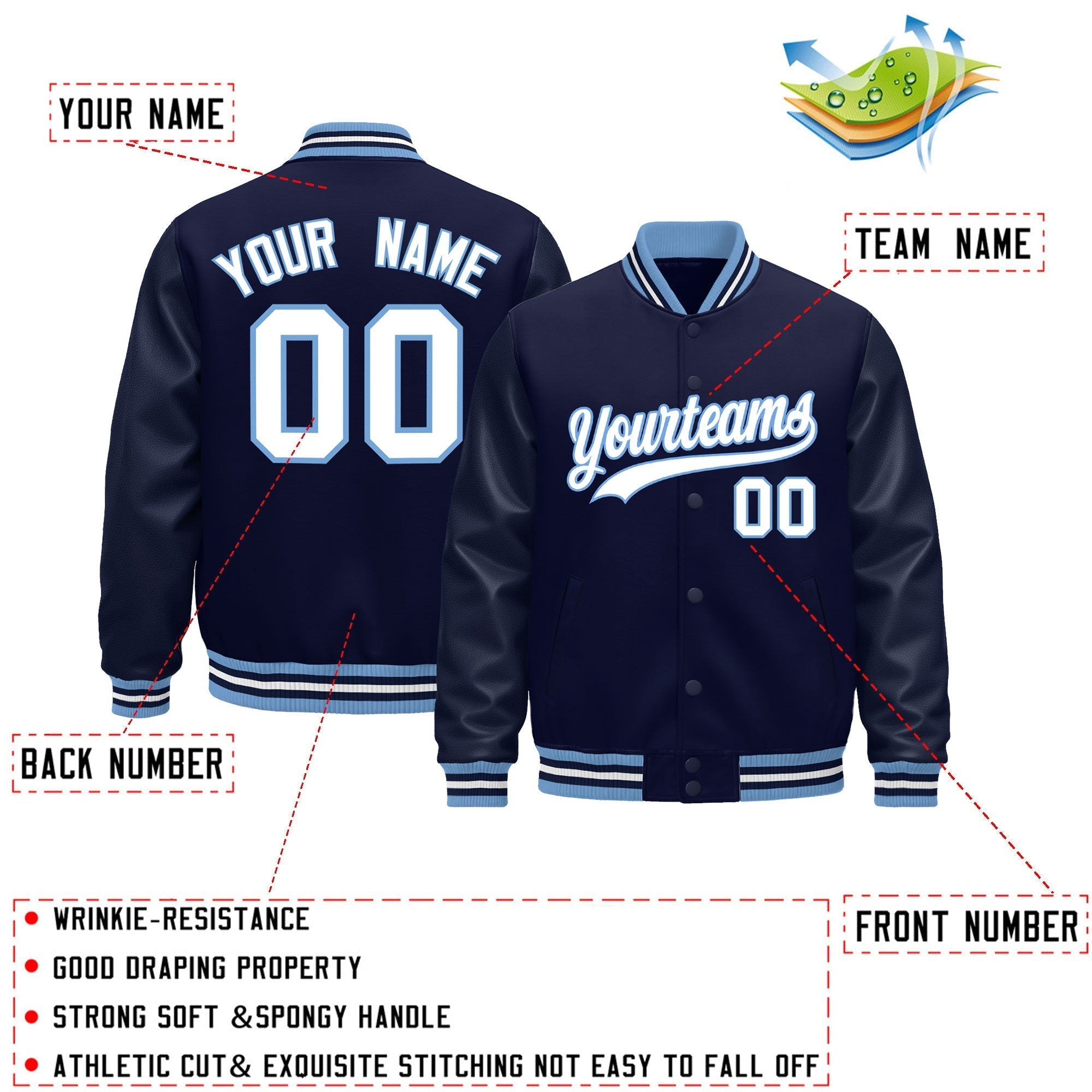 Custom Navy White Light Blue Classic Style Leather Sleeves Wrinkle-Resistant Jacket| KXKSHOP