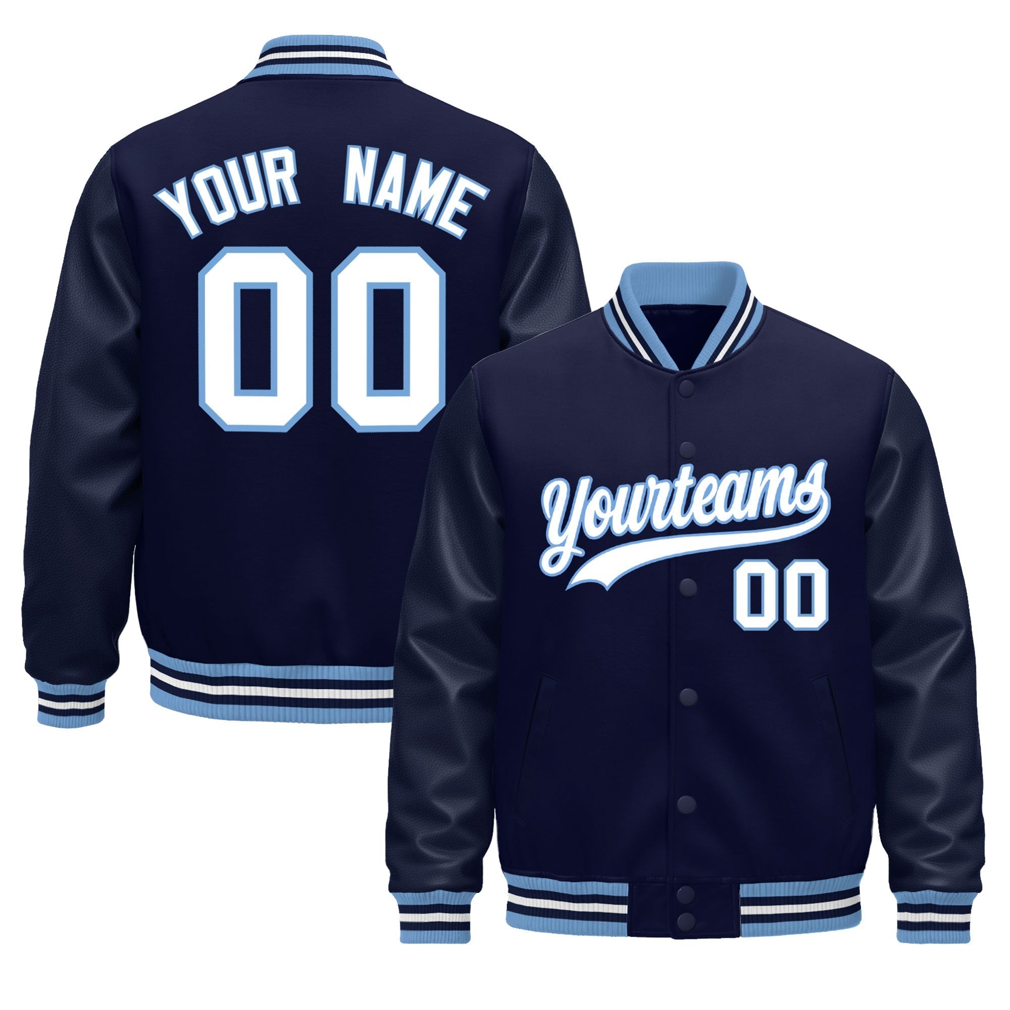 Custom Navy White Light Blue Classic Style Leather Sleeves Wrinkle-Resistant Jacket| KXKSHOP