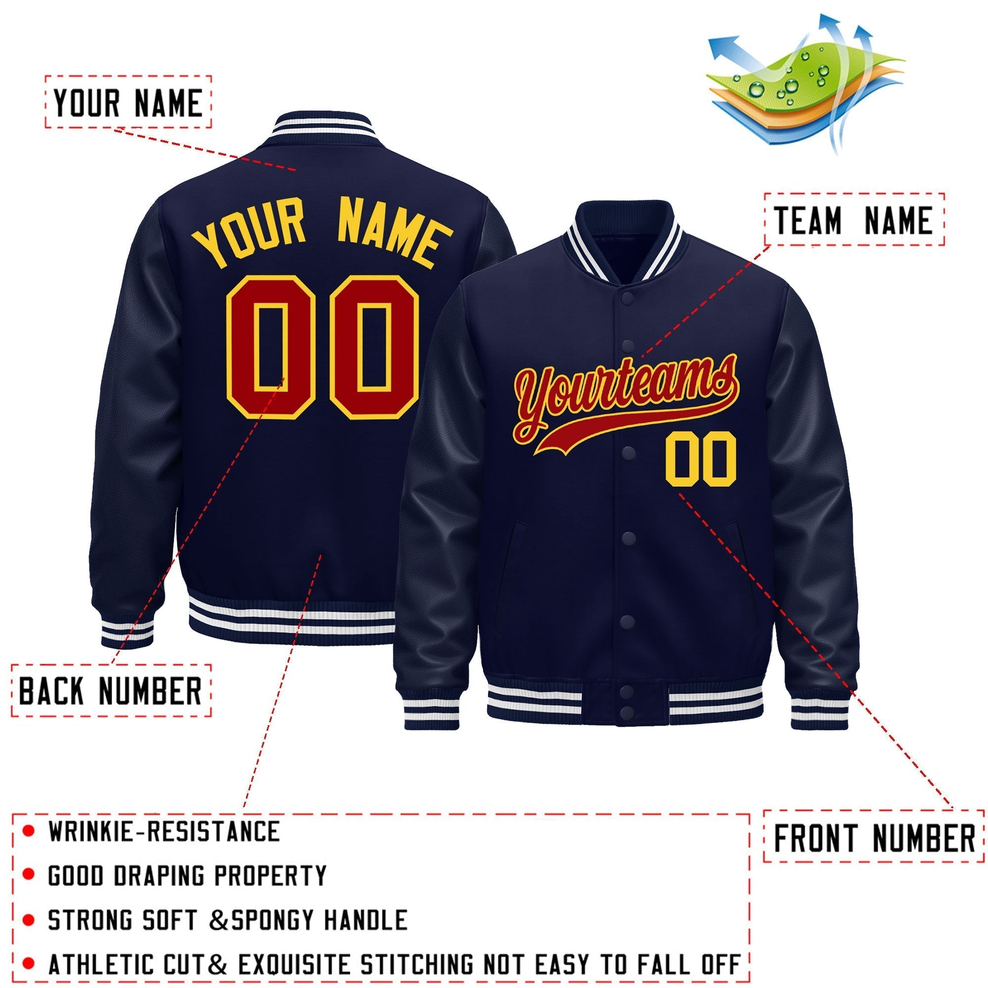 Custom Navy White Classic Style Leather Sleeves Wrinkle-Resistant Jacket| KXKSHOP