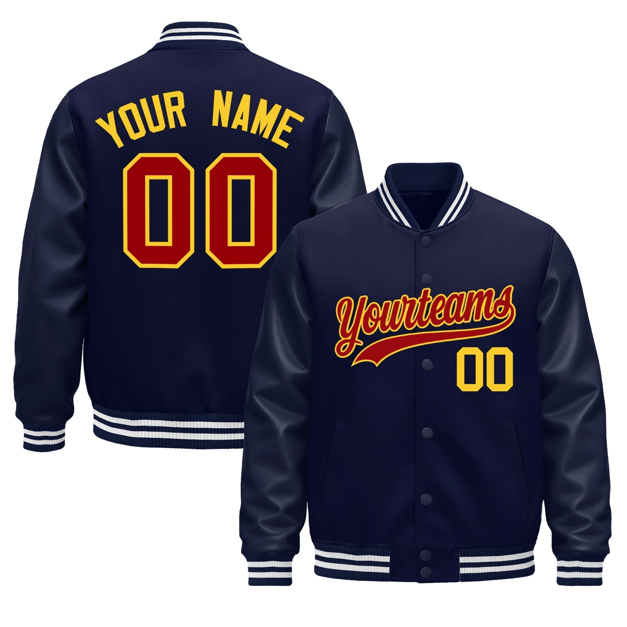 Custom Navy White Classic Style Leather Sleeves Wrinkle-Resistant Jacket| KXKSHOP
