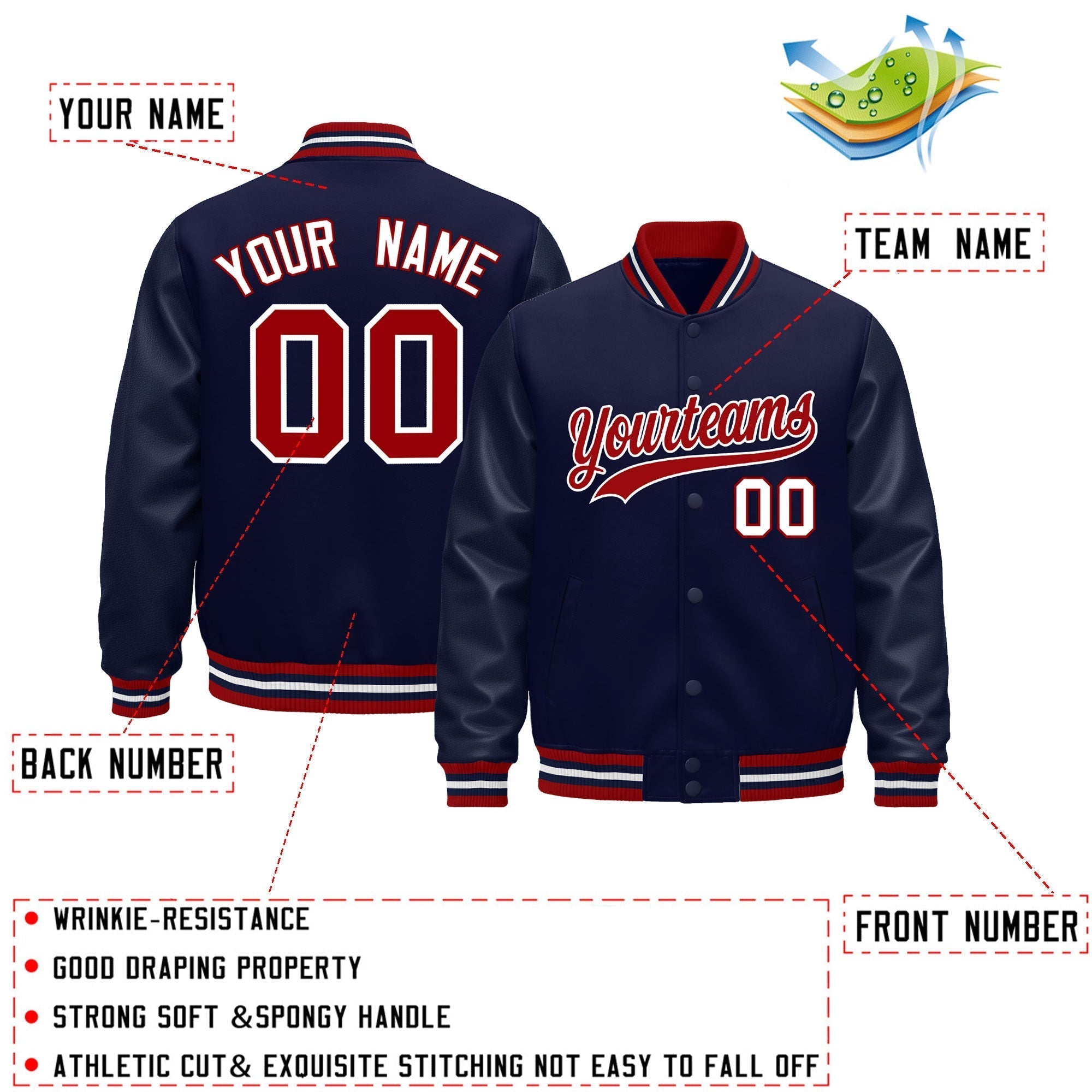 Custom Navy Red White Classic Style Leather Sleeves Wrinkle-Resistant Jacket| KXKSHOP
