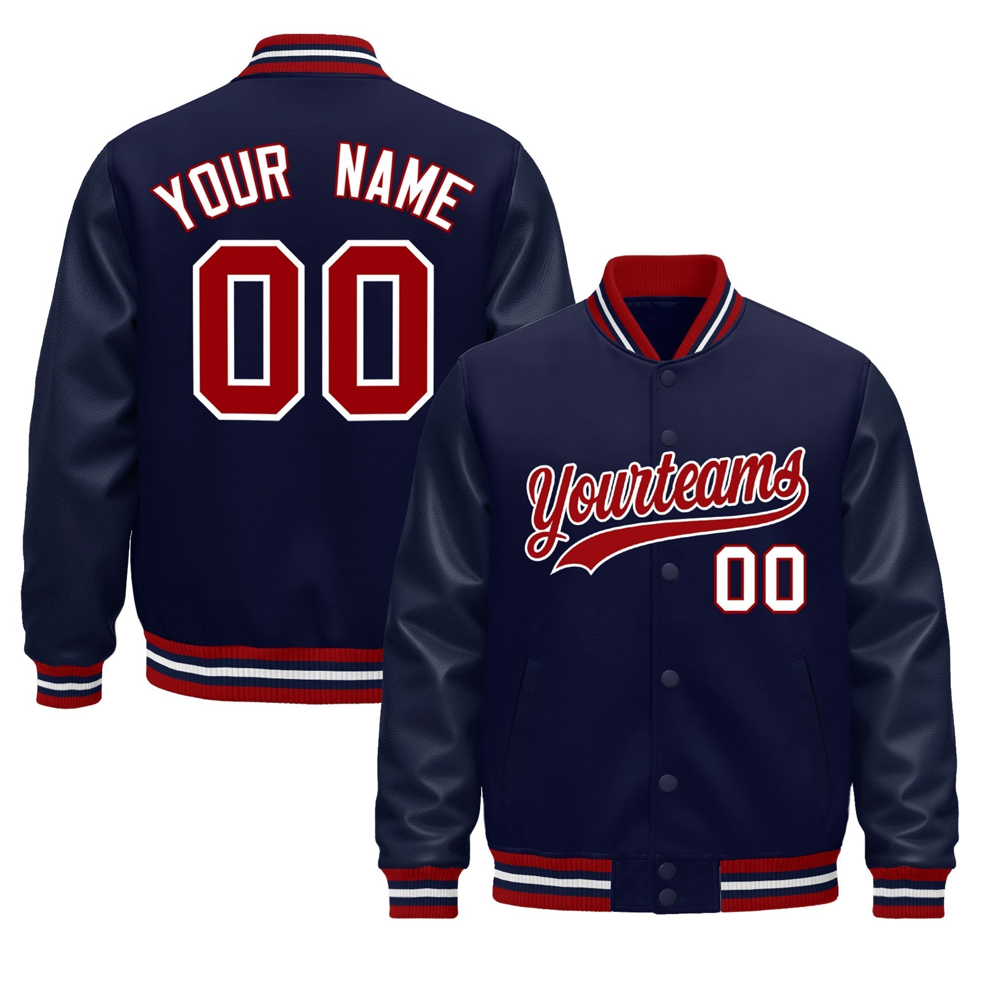 Custom Navy Red White Classic Style Leather Sleeves Wrinkle-Resistant Jacket| KXKSHOP