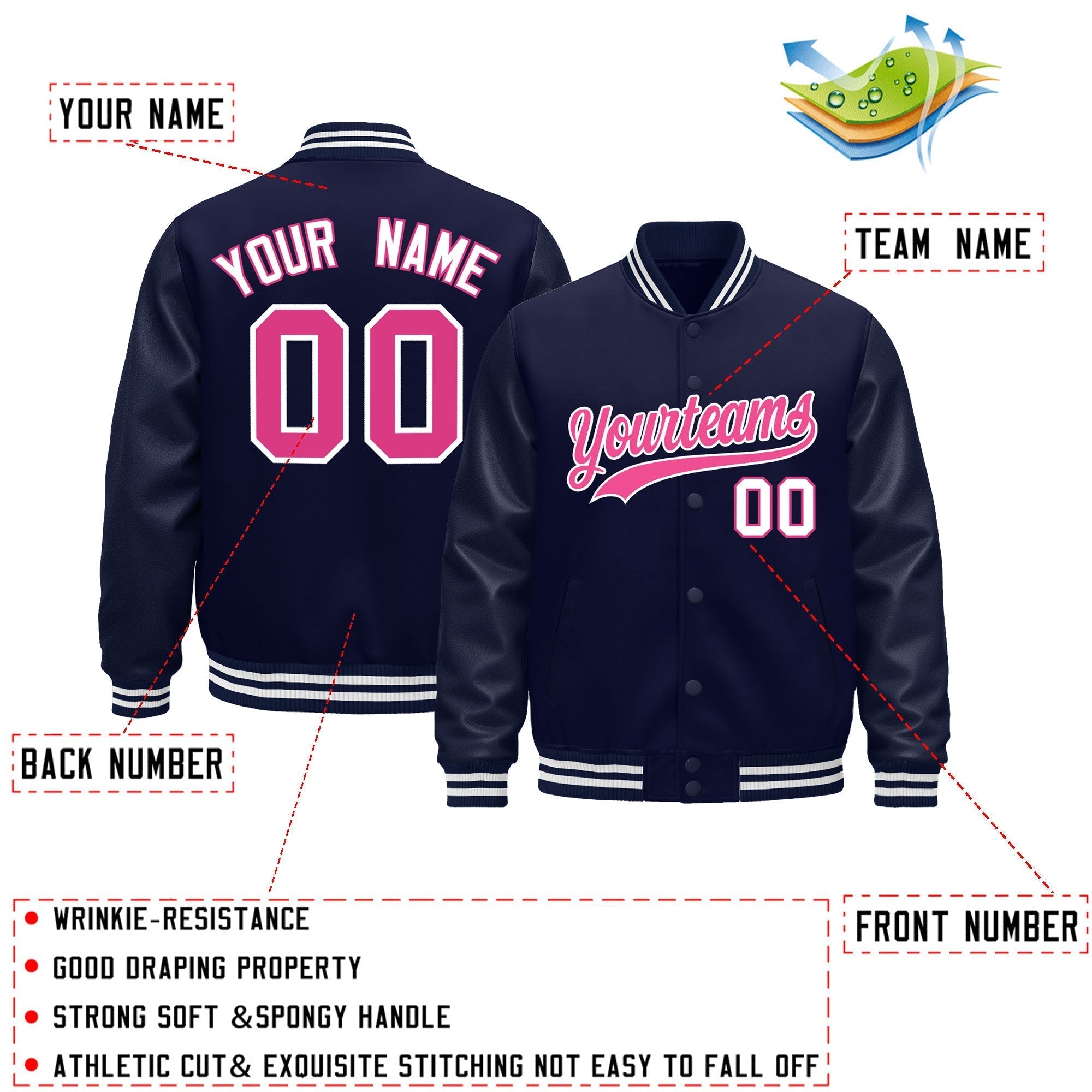 Custom Navy White Classic Style Leather Sleeves Wrinkle-Resistant Jacket| KXKSHOP