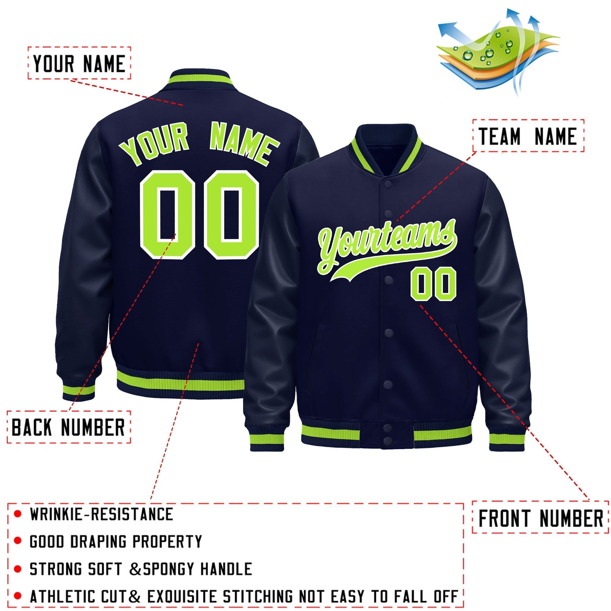 Custom Navy Neon Green Classic Style Leather Sleeves Wrinkle-Resistant Jacket| KXKSHOP