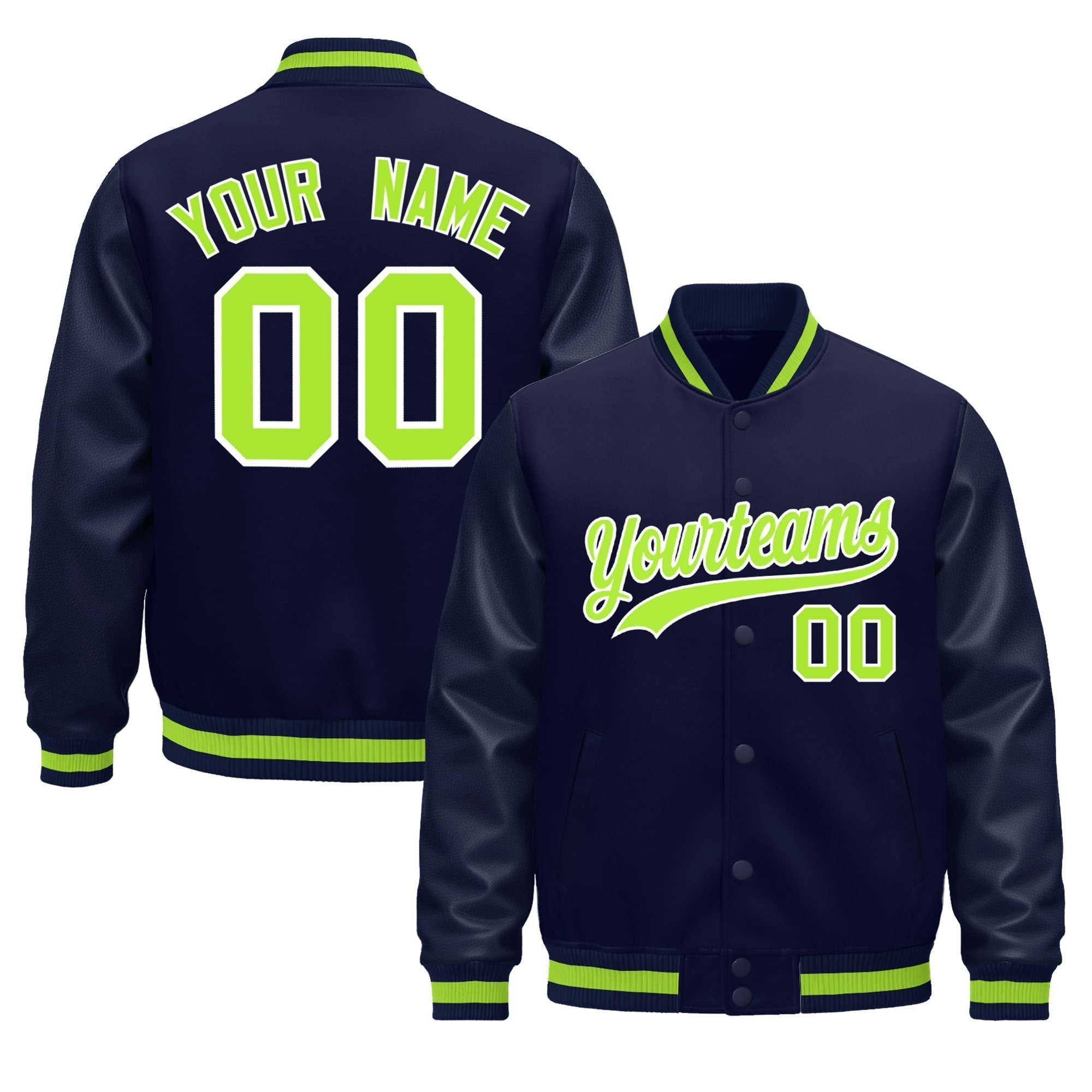 Custom Navy Neon Green Classic Style Leather Sleeves Wrinkle-Resistant Jacket| KXKSHOP