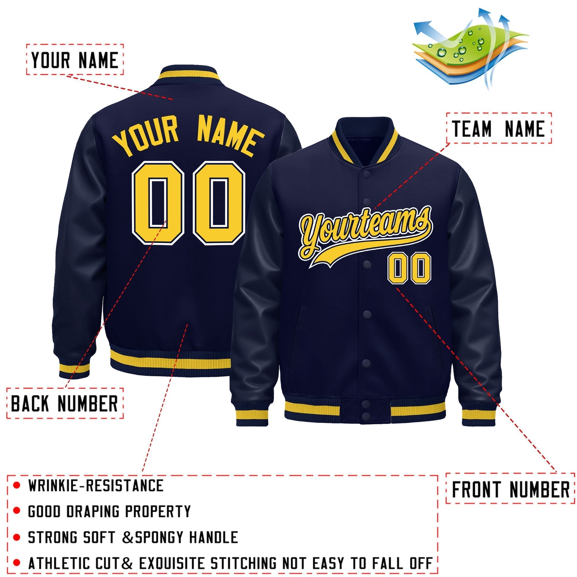 Custom Navy Gold Classic Style Leather Sleeves Wrinkle-Resistant Jacket| KXKSHOP