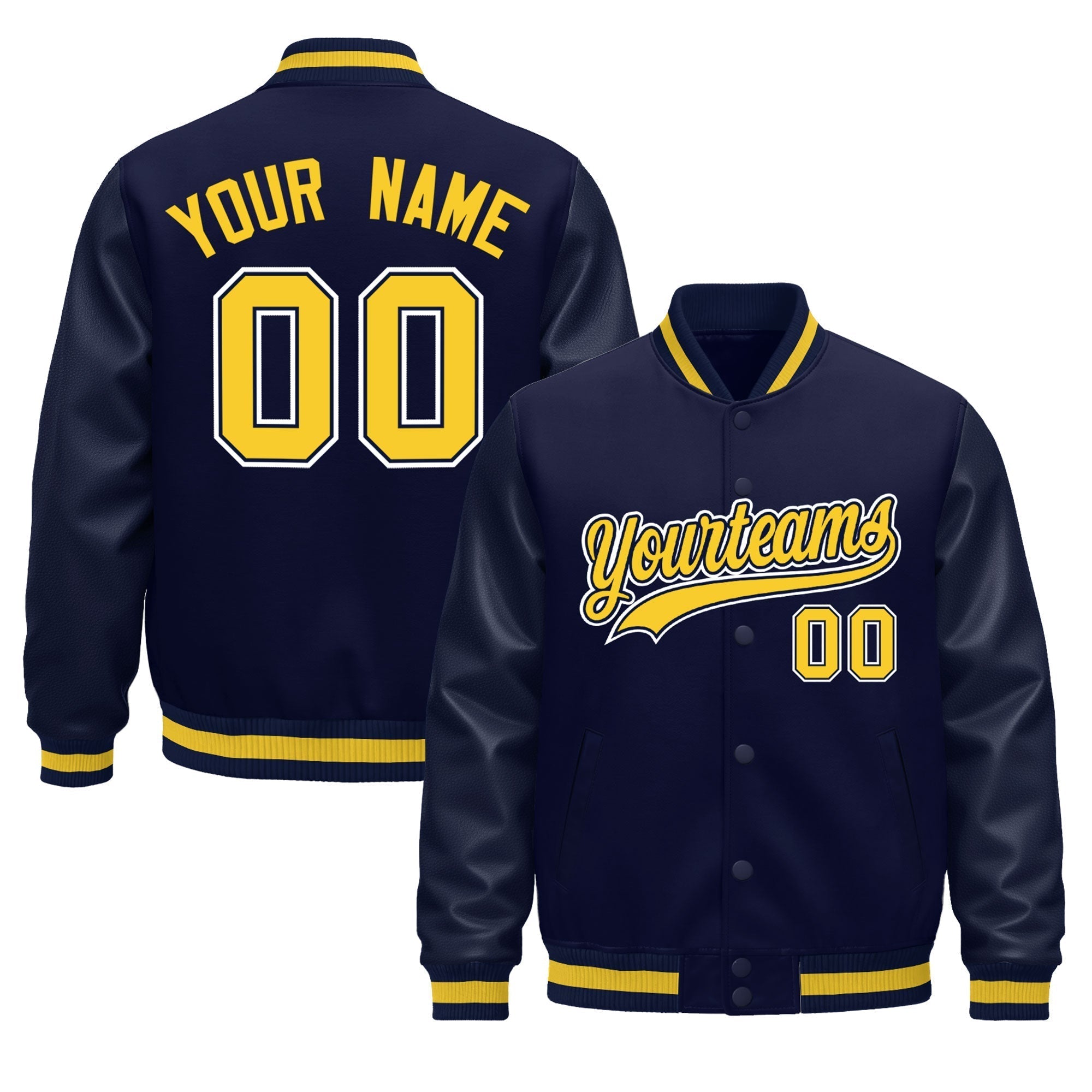 Custom Navy Gold Classic Style Leather Sleeves Wrinkle-Resistant Jacket| KXKSHOP
