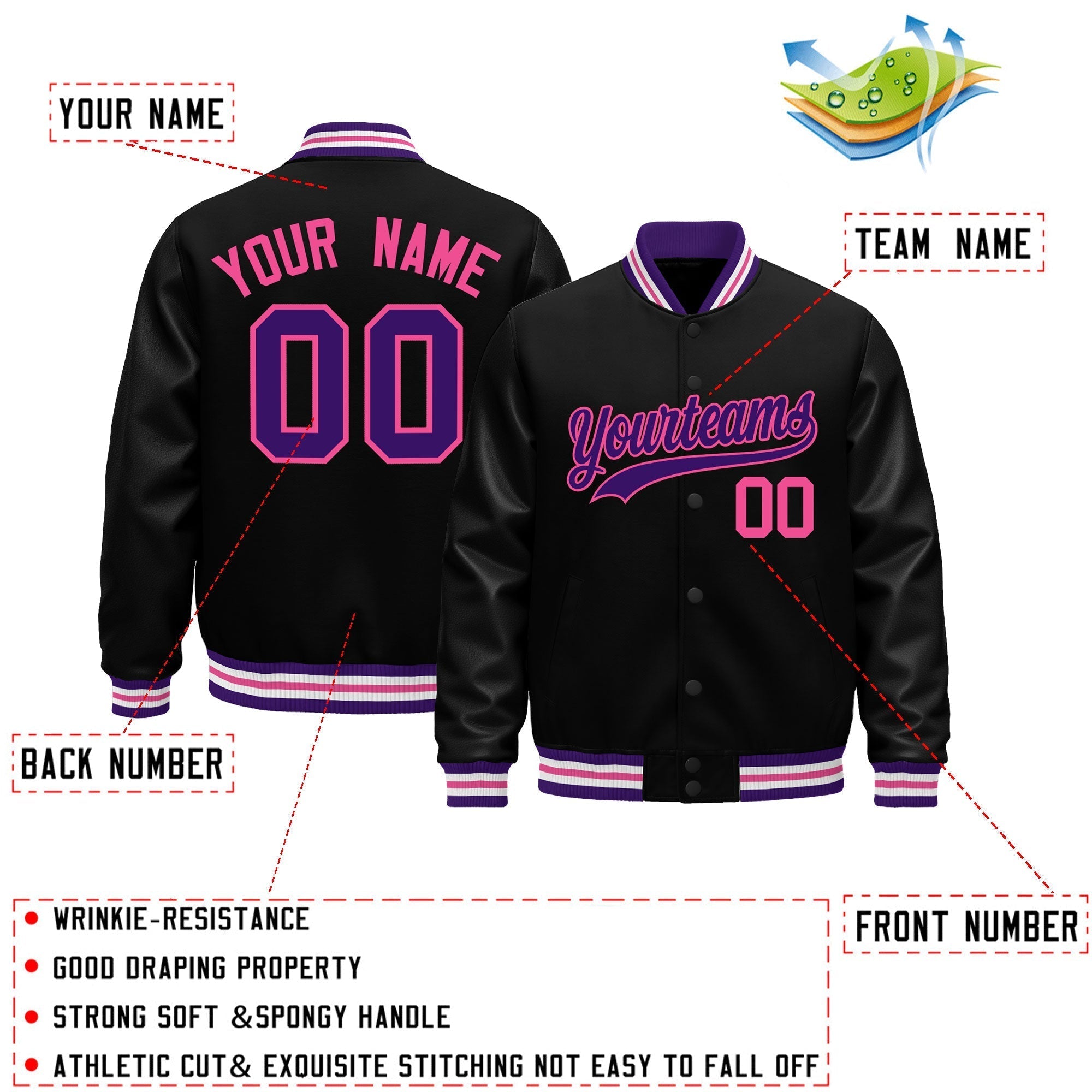 Custom Black Purple Pink Classic Style Leather Sleeves Wrinkle-Resistant Jacket| KXKSHOP