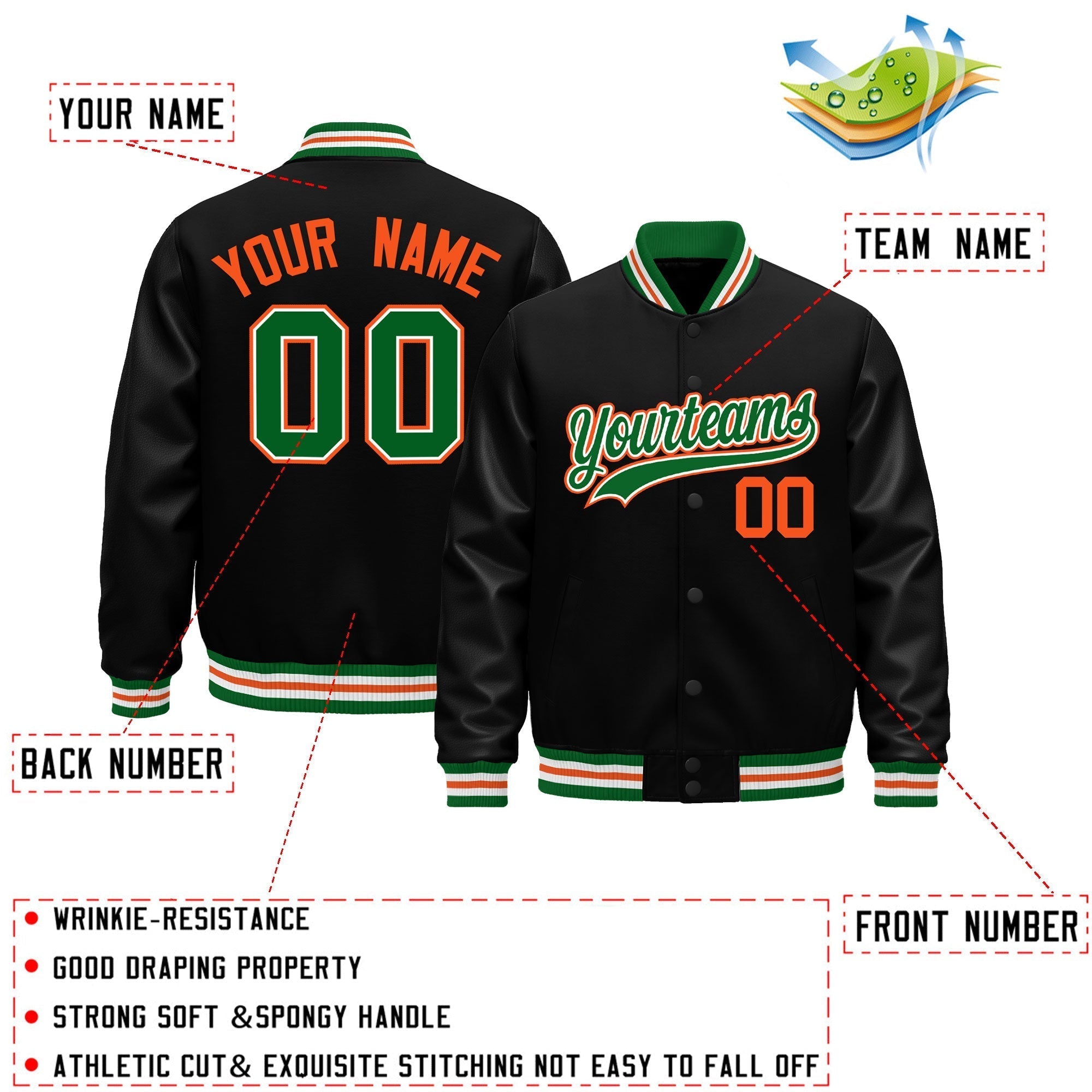 Custom Black Kelly Green White Classic Style Leather Sleeves Wrinkle-Resistant Jacket| KXKSHOP