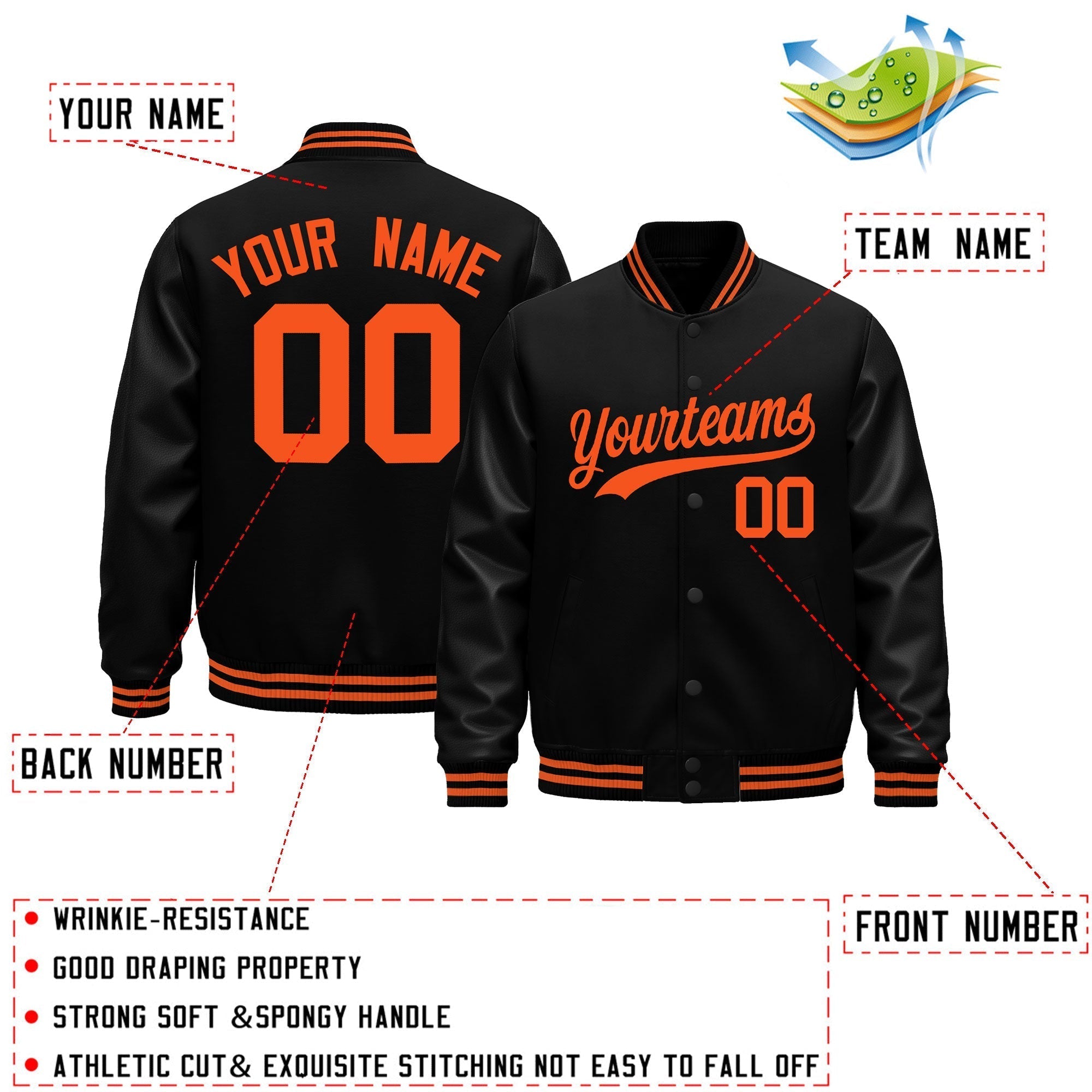 Custom Black Orange Classic Style Leather Sleeves Wrinkle-Resistant Jacket| KXKSHOP