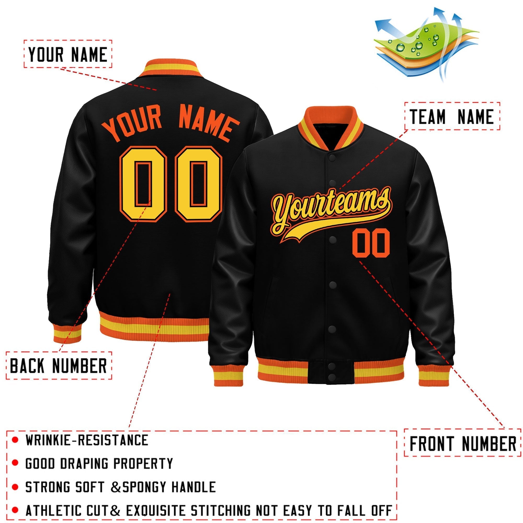 Custom Black Orange Gold Classic Style Leather Sleeves Wrinkle-Resistant Jacket| KXKSHOP