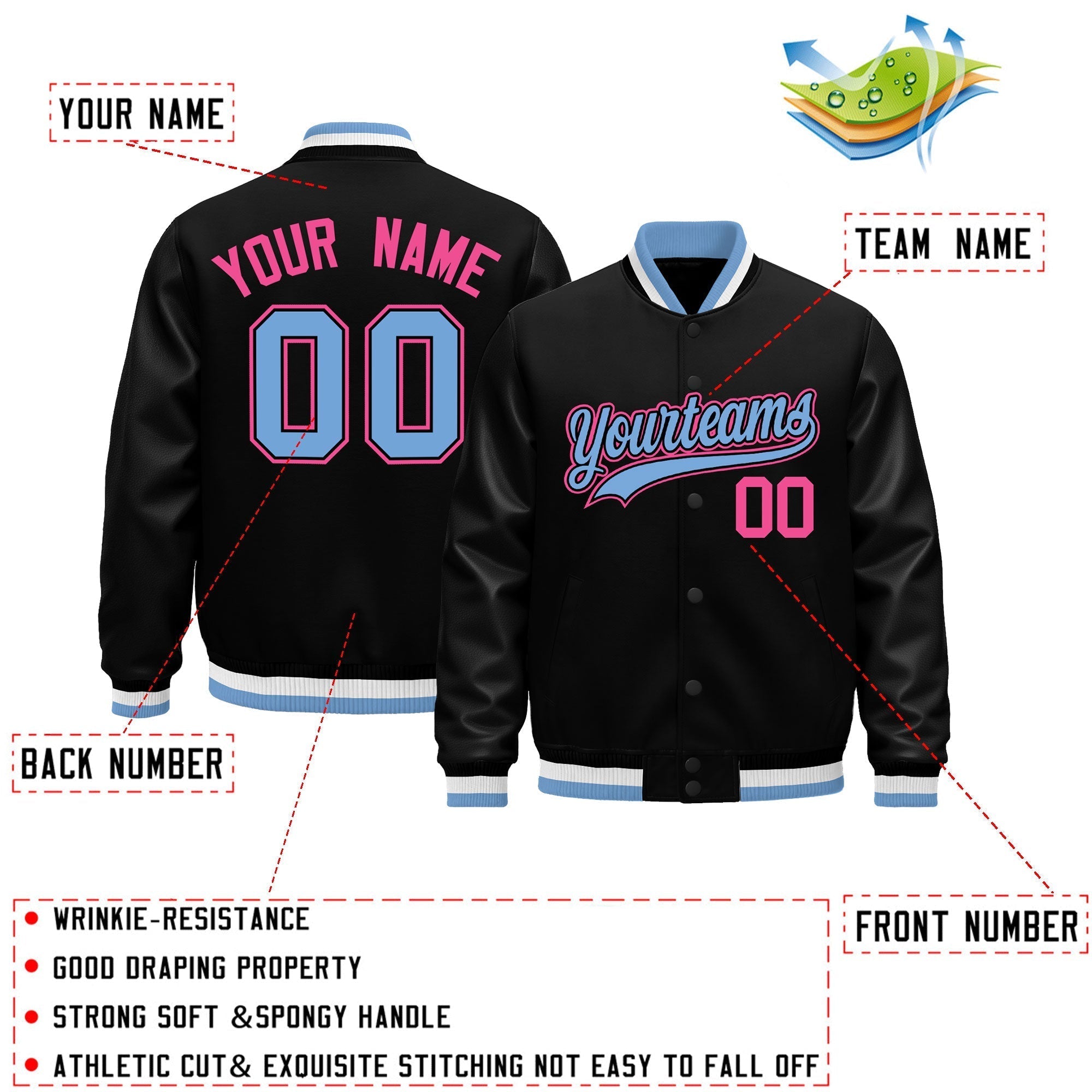 Custom Black Light Blue White Classic Style Leather Sleeves Wrinkle-Resistant Jacket| KXKSHOP