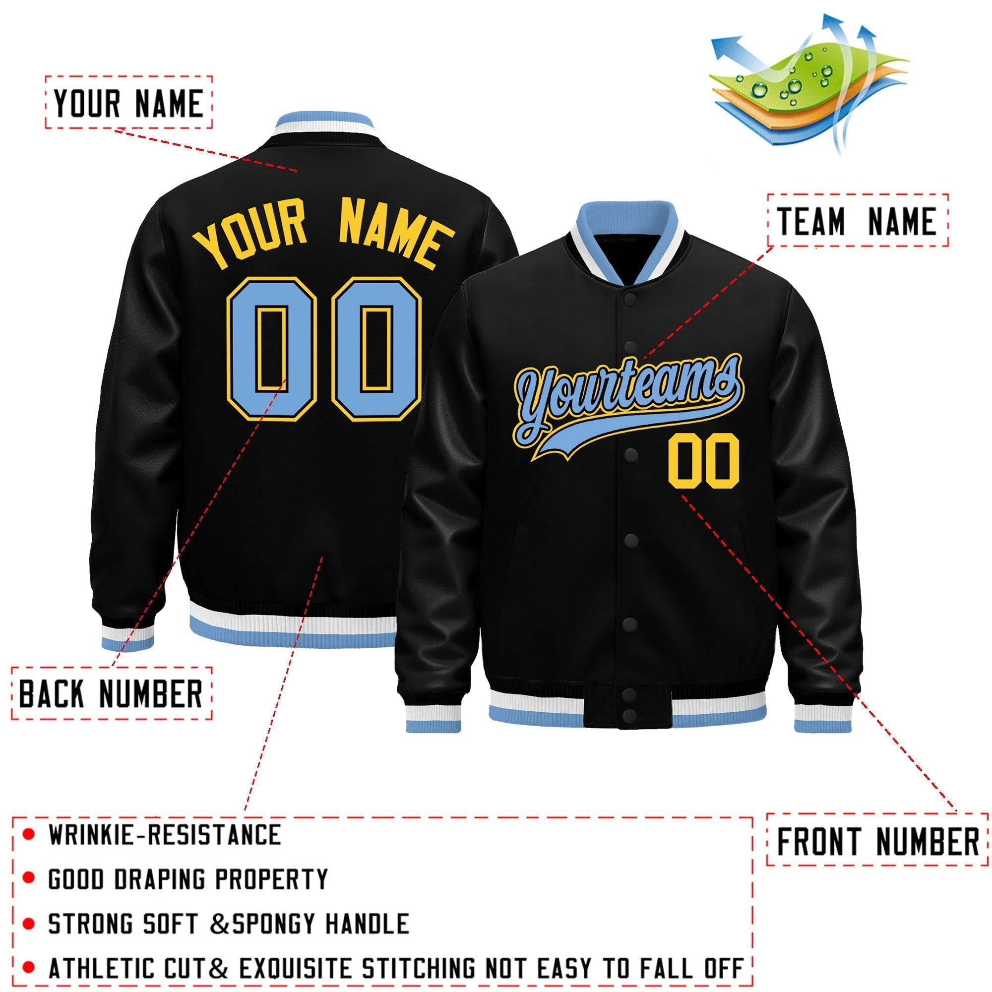 Custom Black Light Blue White Classic Style Leather Sleeves Wrinkle-Resistant Jacket| KXKSHOP