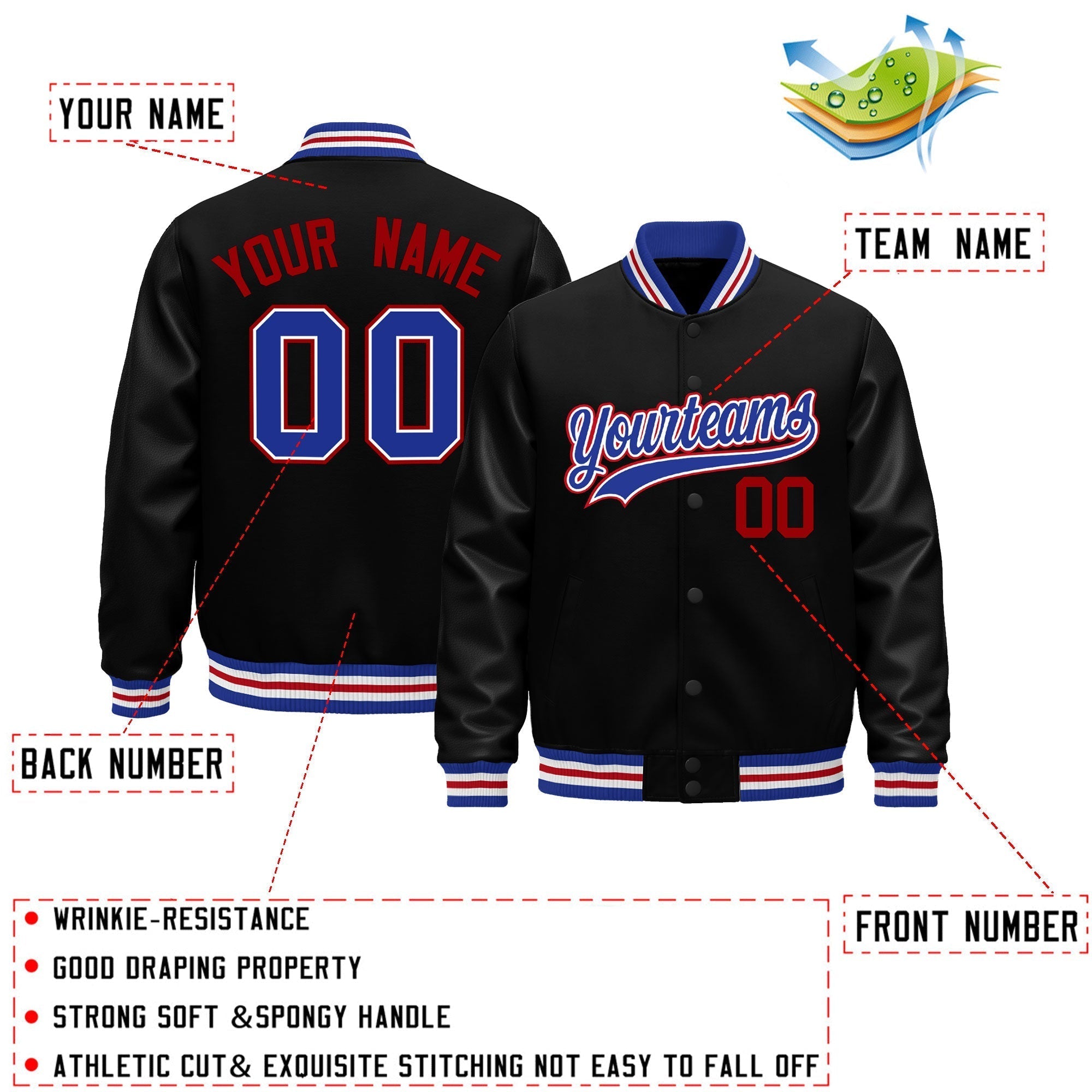 Custom Black Royal Blue White Classic Style Leather Sleeves Wrinkle-Resistant Jacket| KXKSHOP