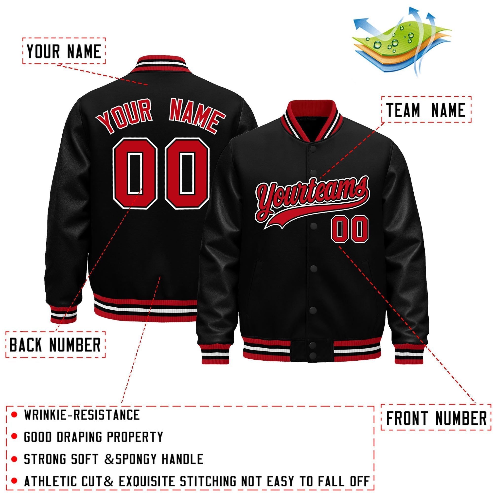 Custom Black Red White Classic Style Leather Sleeves Wrinkle-Resistant Jacket| KXKSHOP