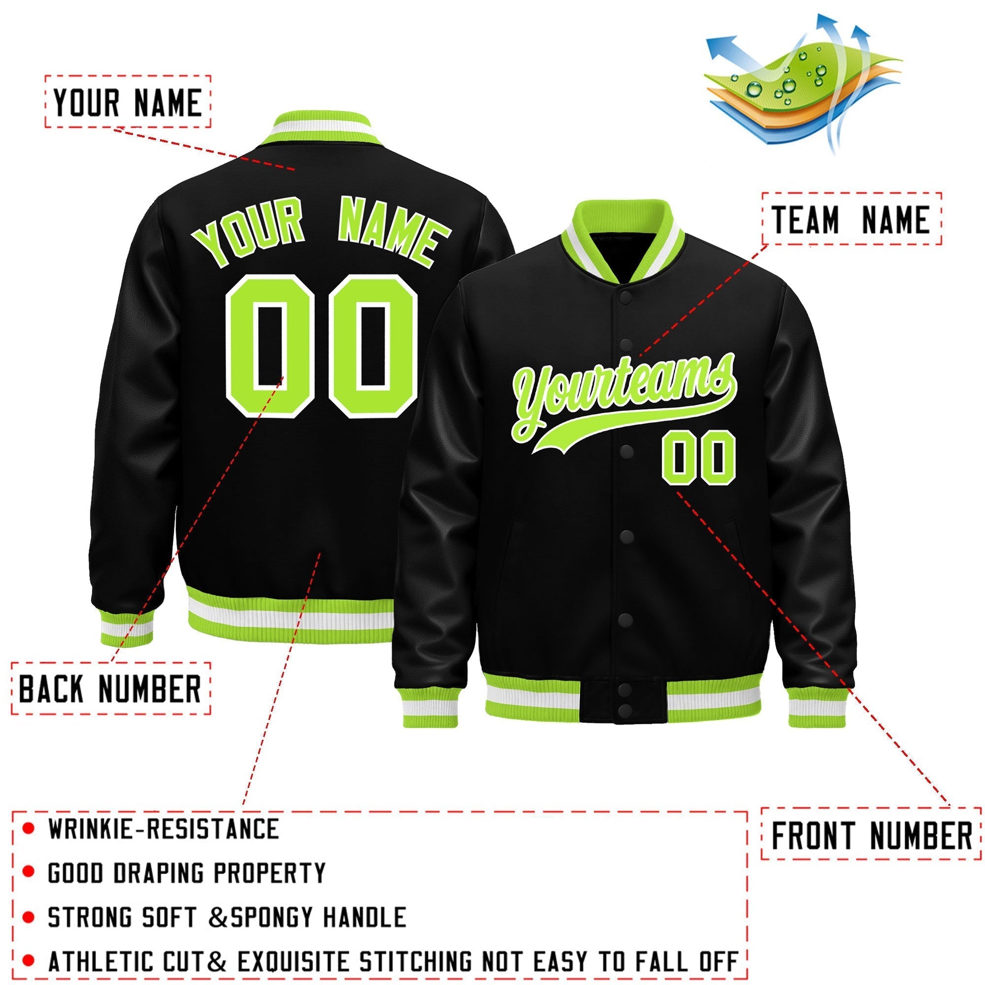 Custom Black Neon Green White Classic Style Leather Sleeves Wrinkle-Resistant Jacket| KXKSHOP