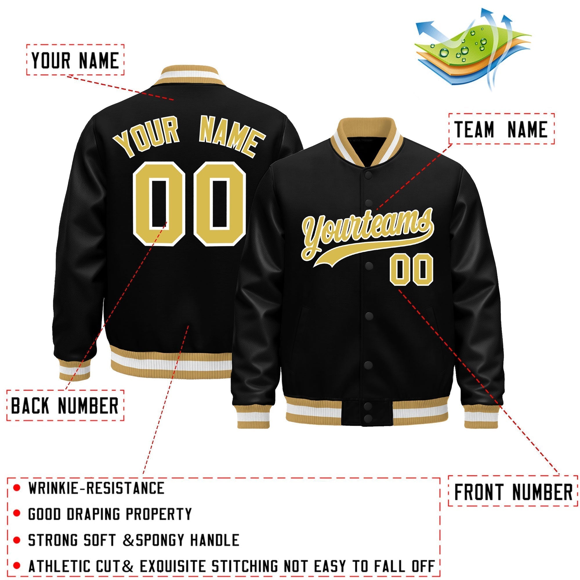 Custom Black Old Gold White Classic Style Leather Sleeves Wrinkle-Resistant Jacket| KXKSHOP