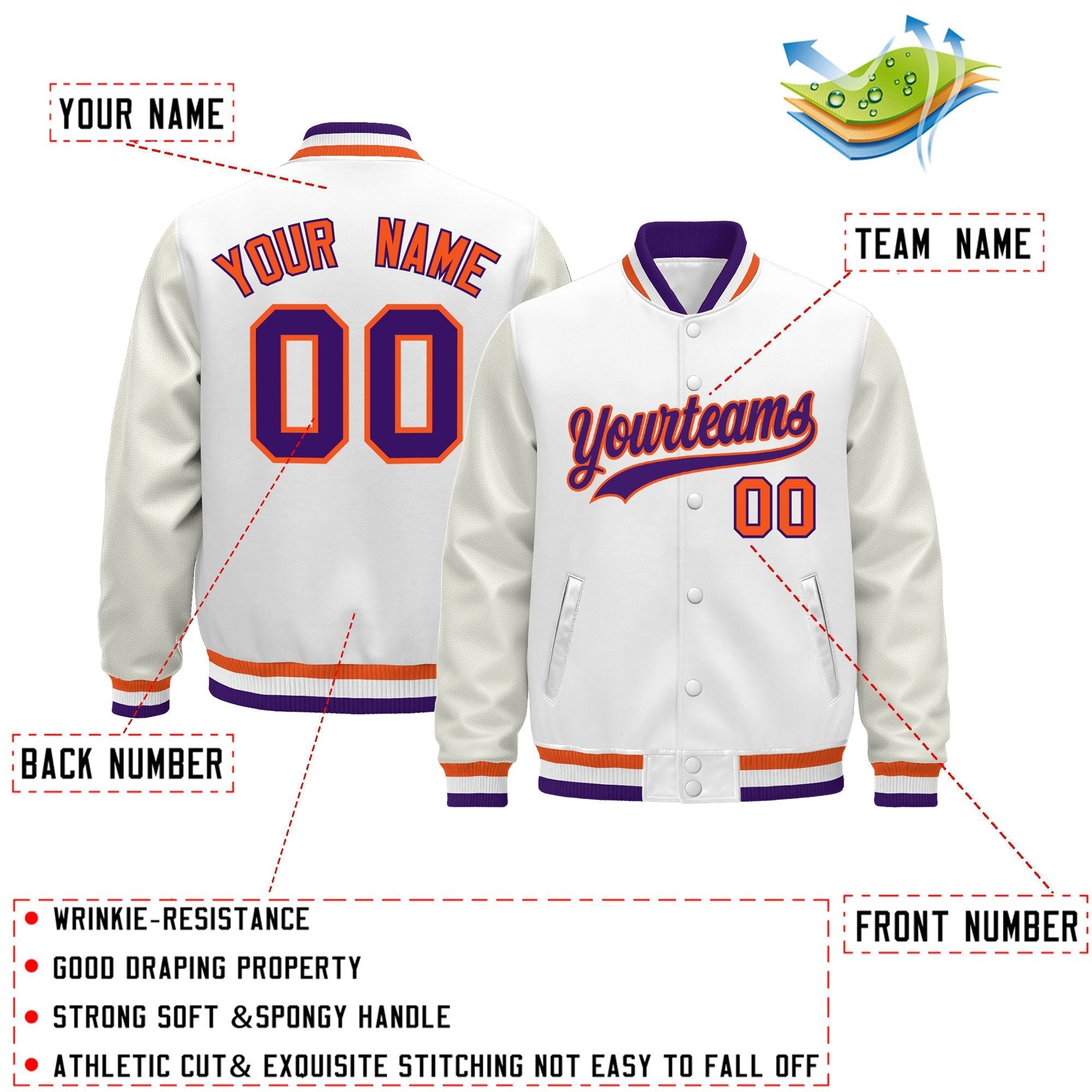 Custom White Purple Orange Classic Style Leather Sleeves Wrinkle-Resistant Jacket| KXKSHOP