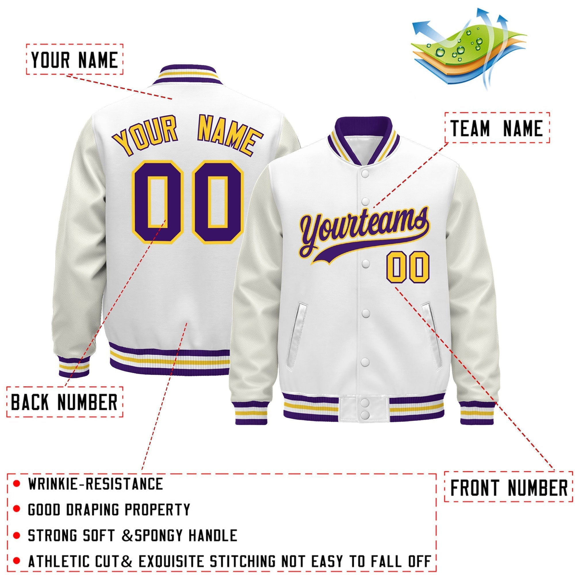 Custom White Purple Gold Classic Style Leather Sleeves Wrinkle-Resistant Jacket| KXKSHOP