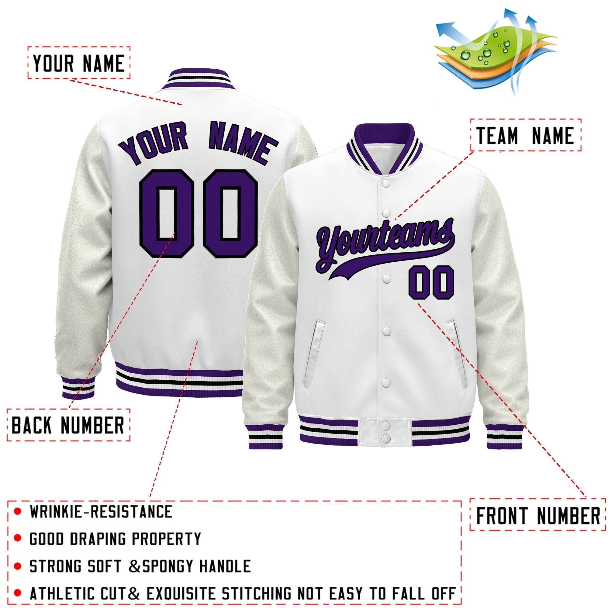Custom White Purple Black Classic Style Leather Sleeves Wrinkle-Resistant Jacket| KXKSHOP